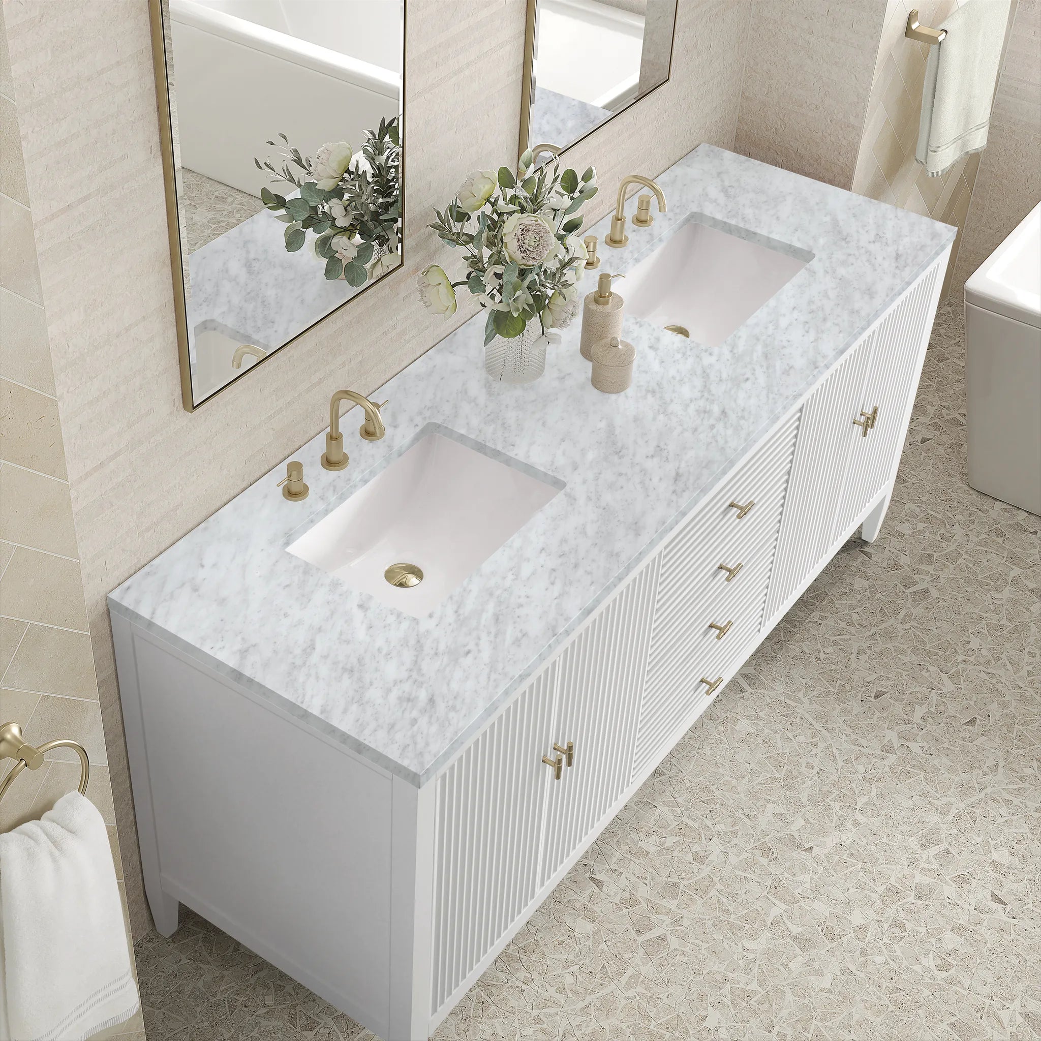 72" Myrrin Vanity in Bright White-Carrara White Marble-8" Widespread image 6