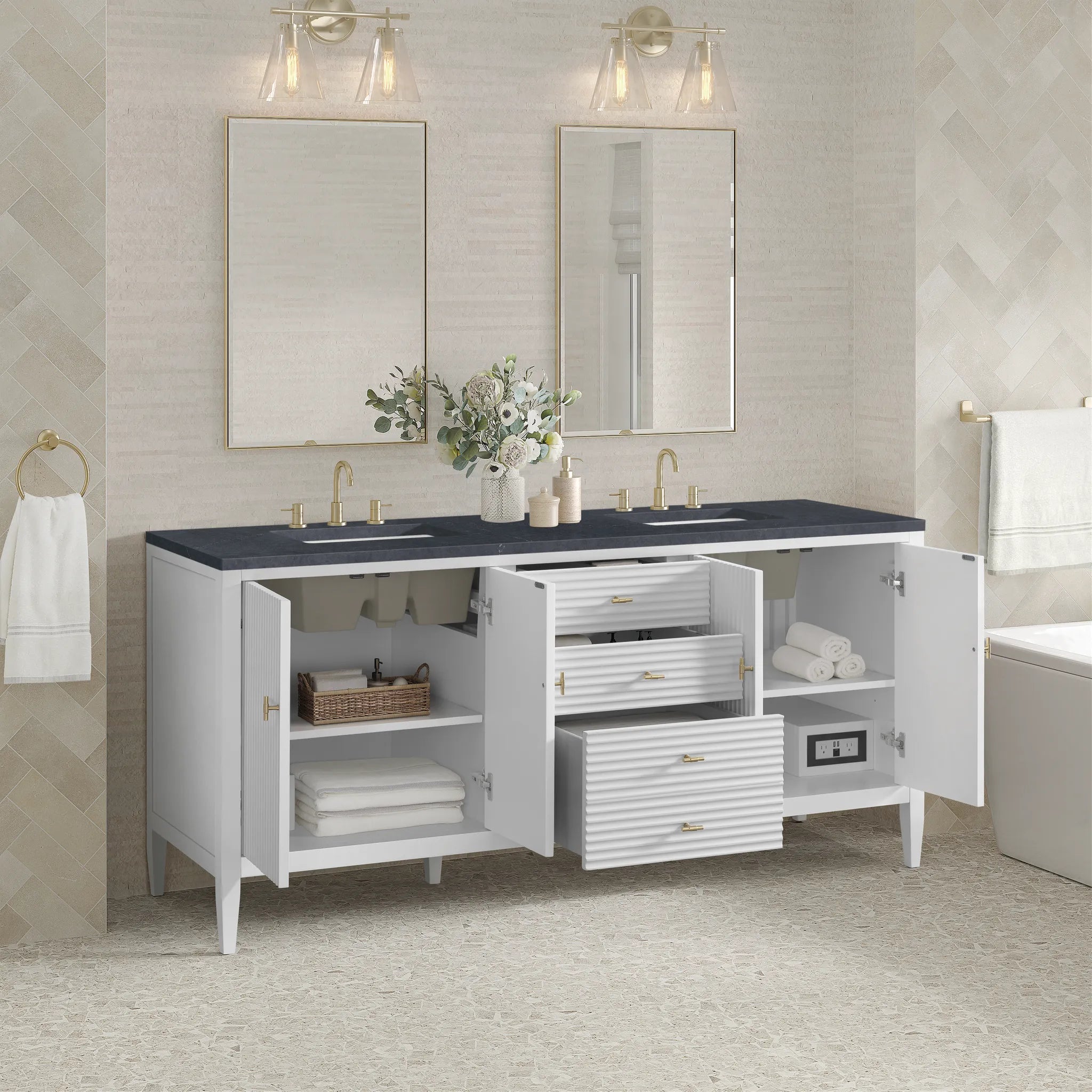 72" Myrrin Vanity in Bright White-Charcoal Soapstone Silestone-8" Widespread image 4