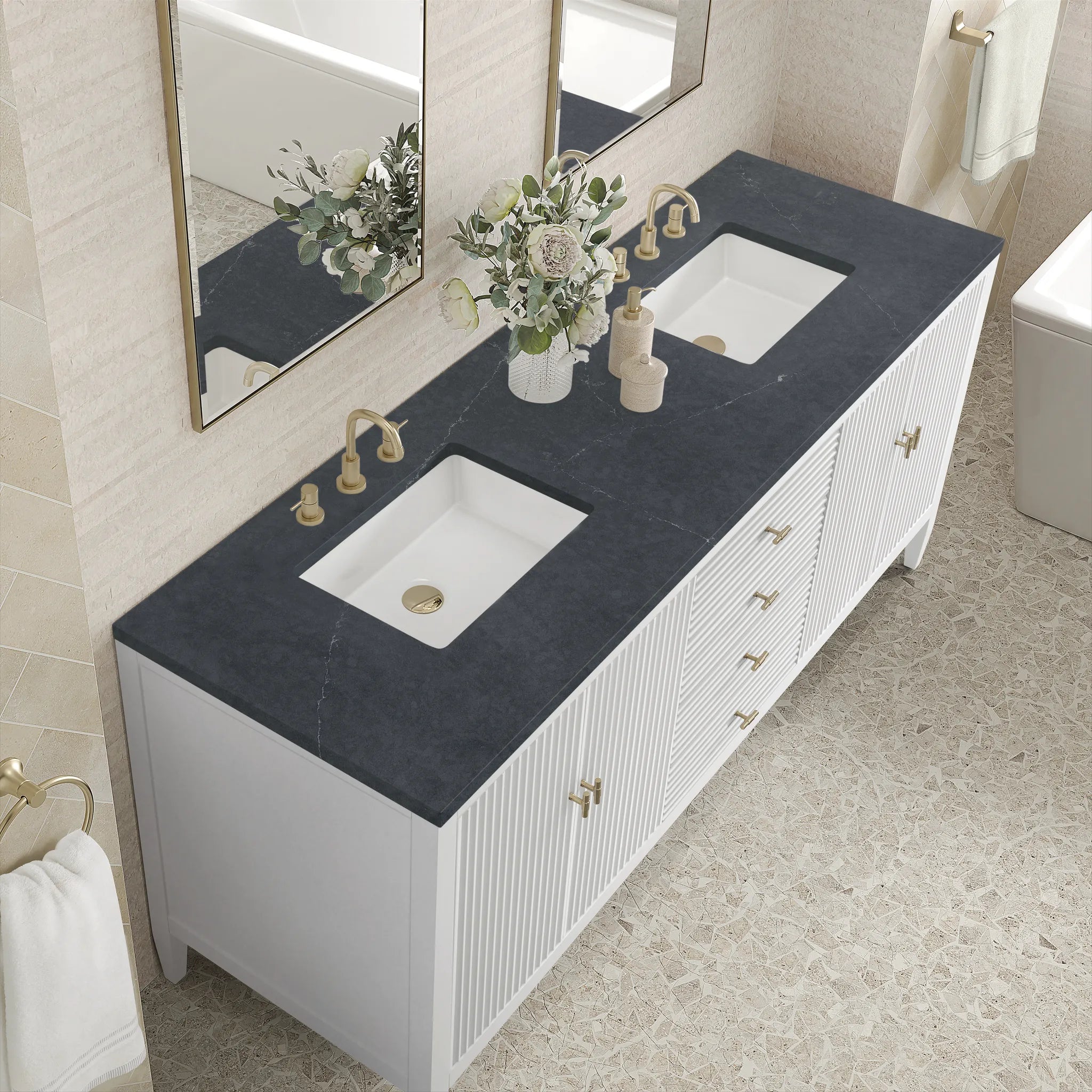 72" Myrrin Vanity in Bright White-Charcoal Soapstone Silestone-8" Widespread image 6