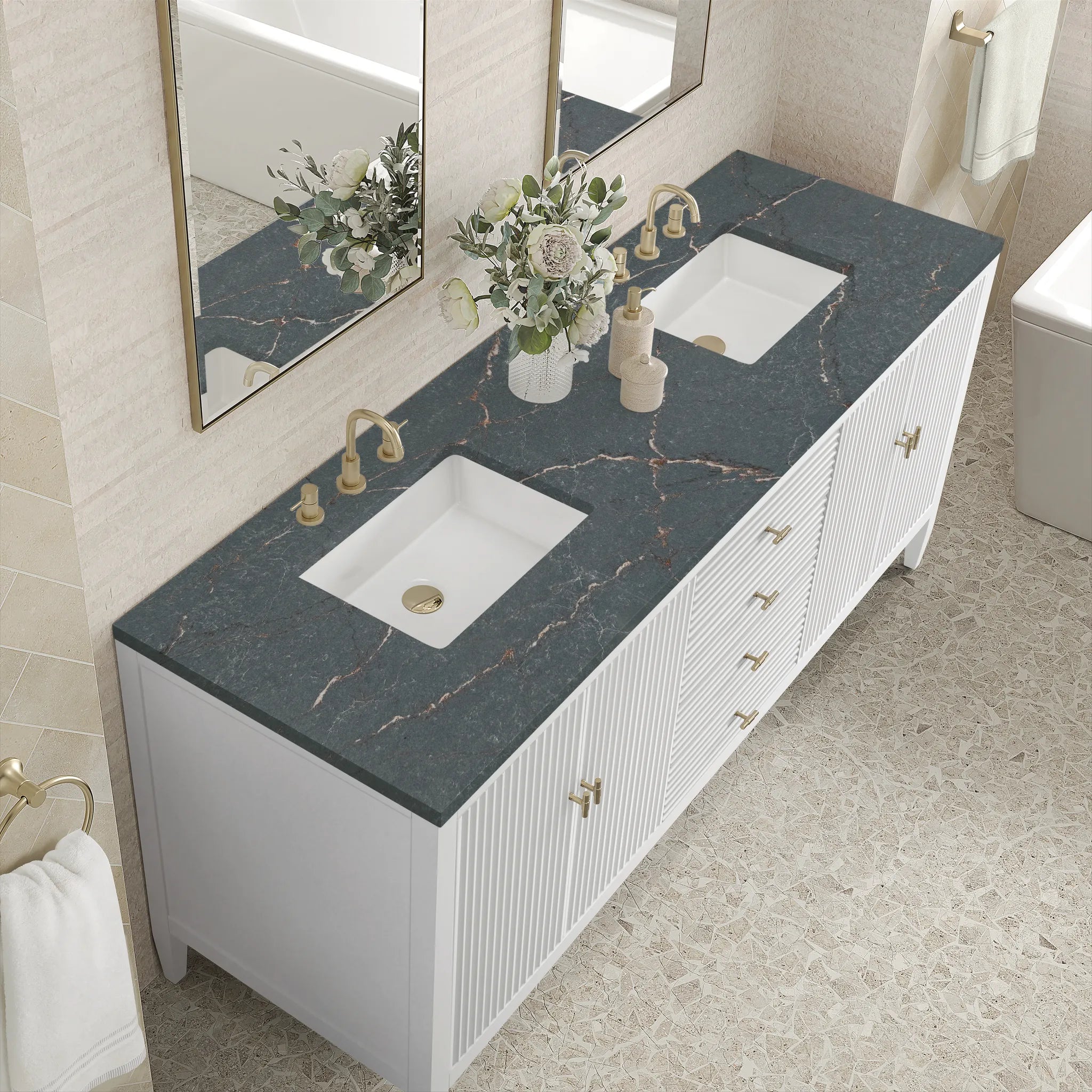 72" Myrrin Vanity in Bright White-Parisien Bleu Silestone-8" Widespread image 6