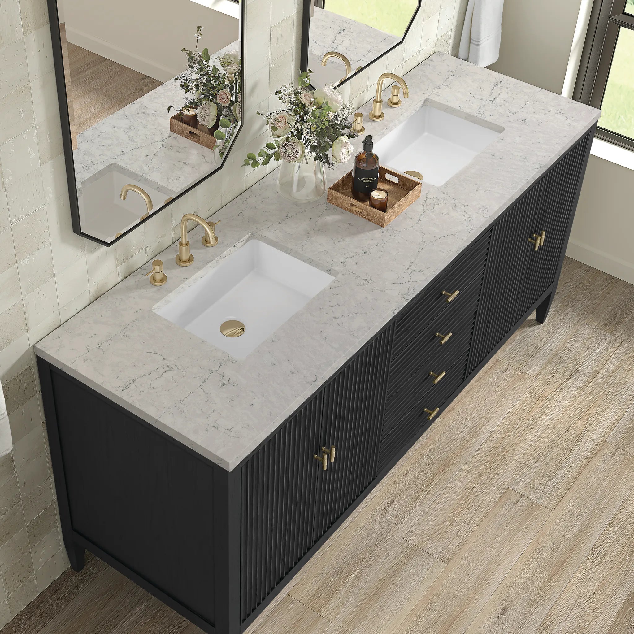 72" Myrrin Vanity in Carbon Oak w/FreePower Wireless Charger-Eternal Jasmine Pearl Silestone-8" Widespread image 9