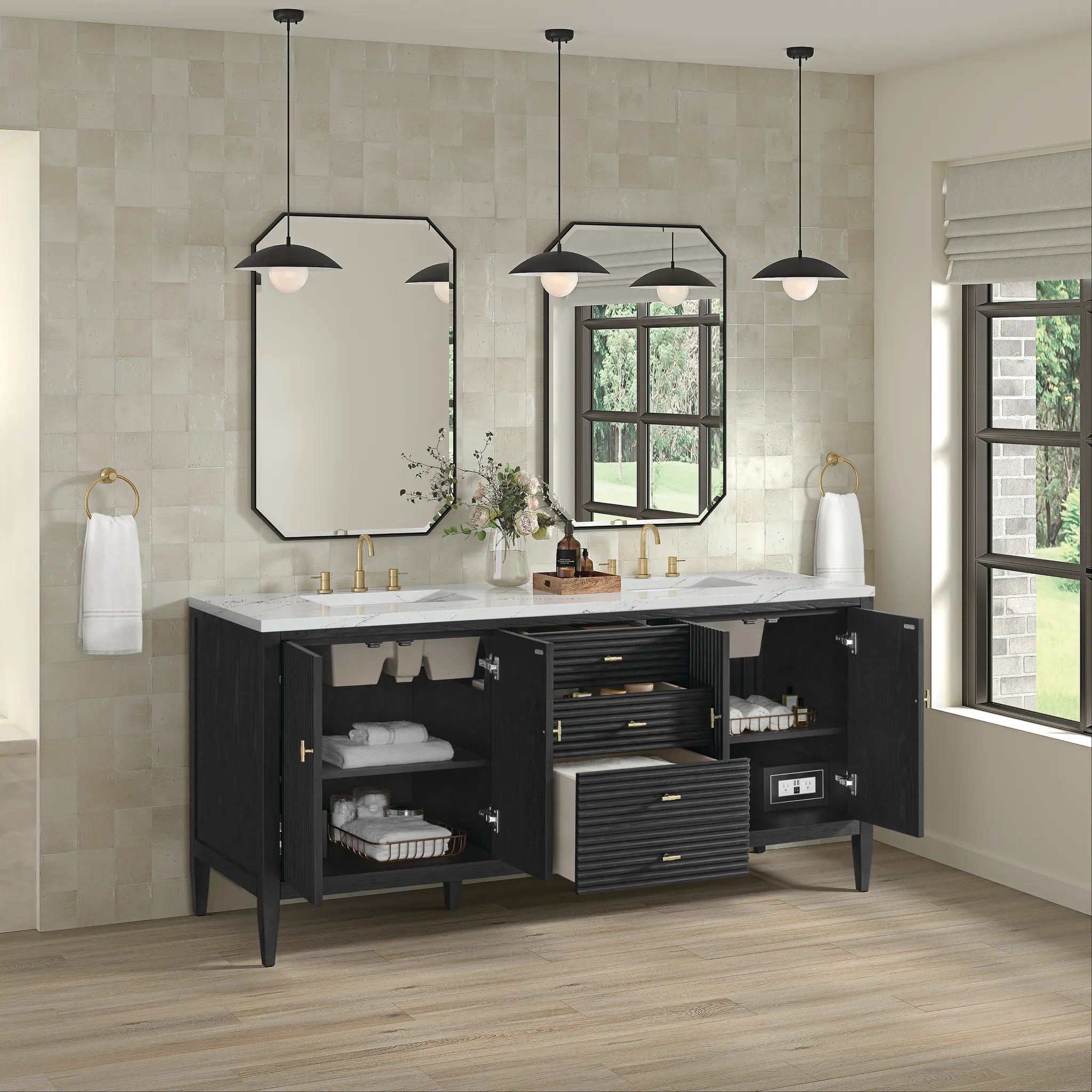 72" Myrrin Vanity in Carbon Oak w/FreePower Wireless Charger-Ethereal Noctis Silestone-8" Widespread image 7