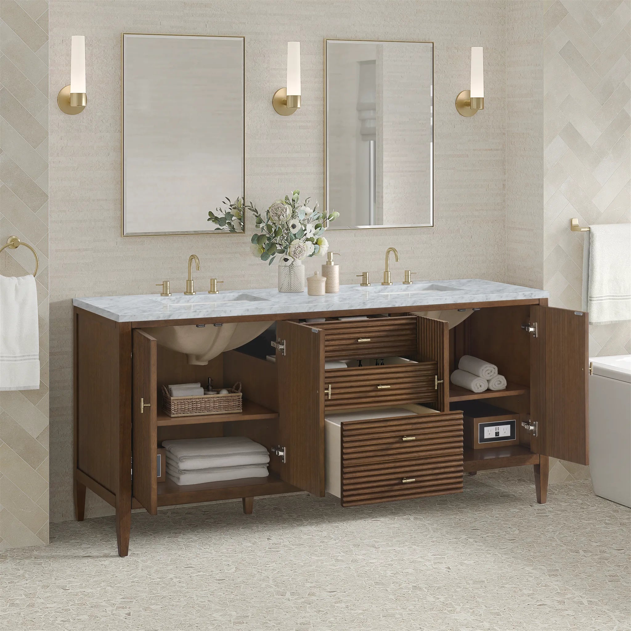 72" Myrrin Vanity in Mid Century Walnut-Carrara White Marble-8" Widespread image 4