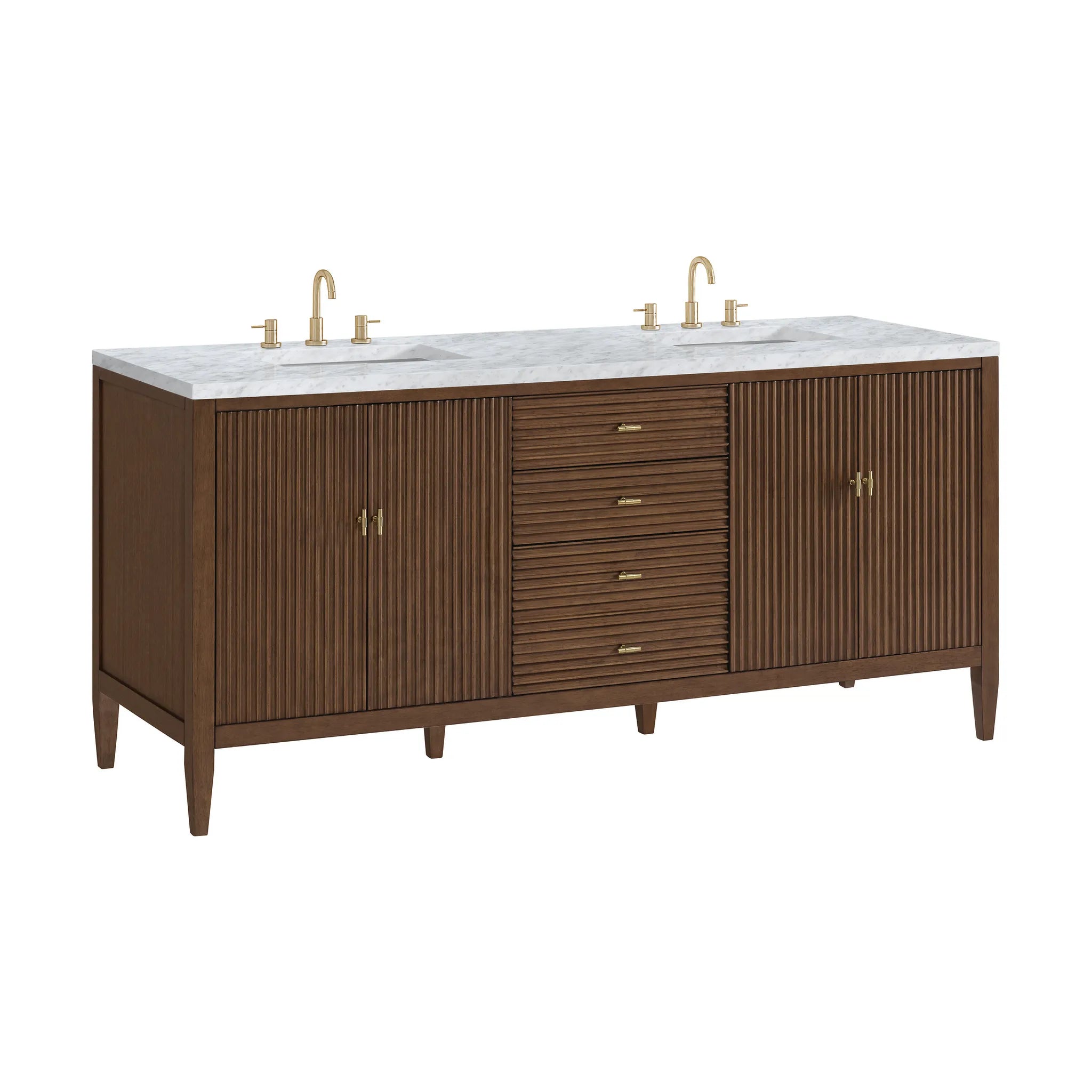 72" Myrrin Vanity in Mid Century Walnut-Carrara White Marble-8" Widespread image 9