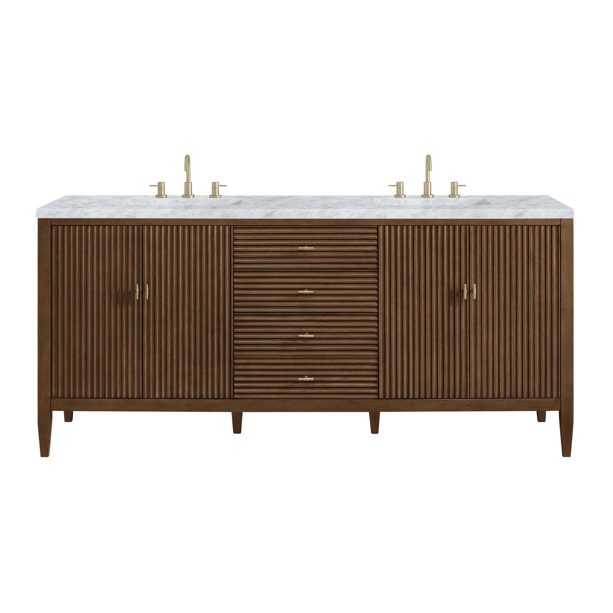 72" Myrrin Vanity in Mid Century Walnut-Carrara White Marble-8" Widespread image
