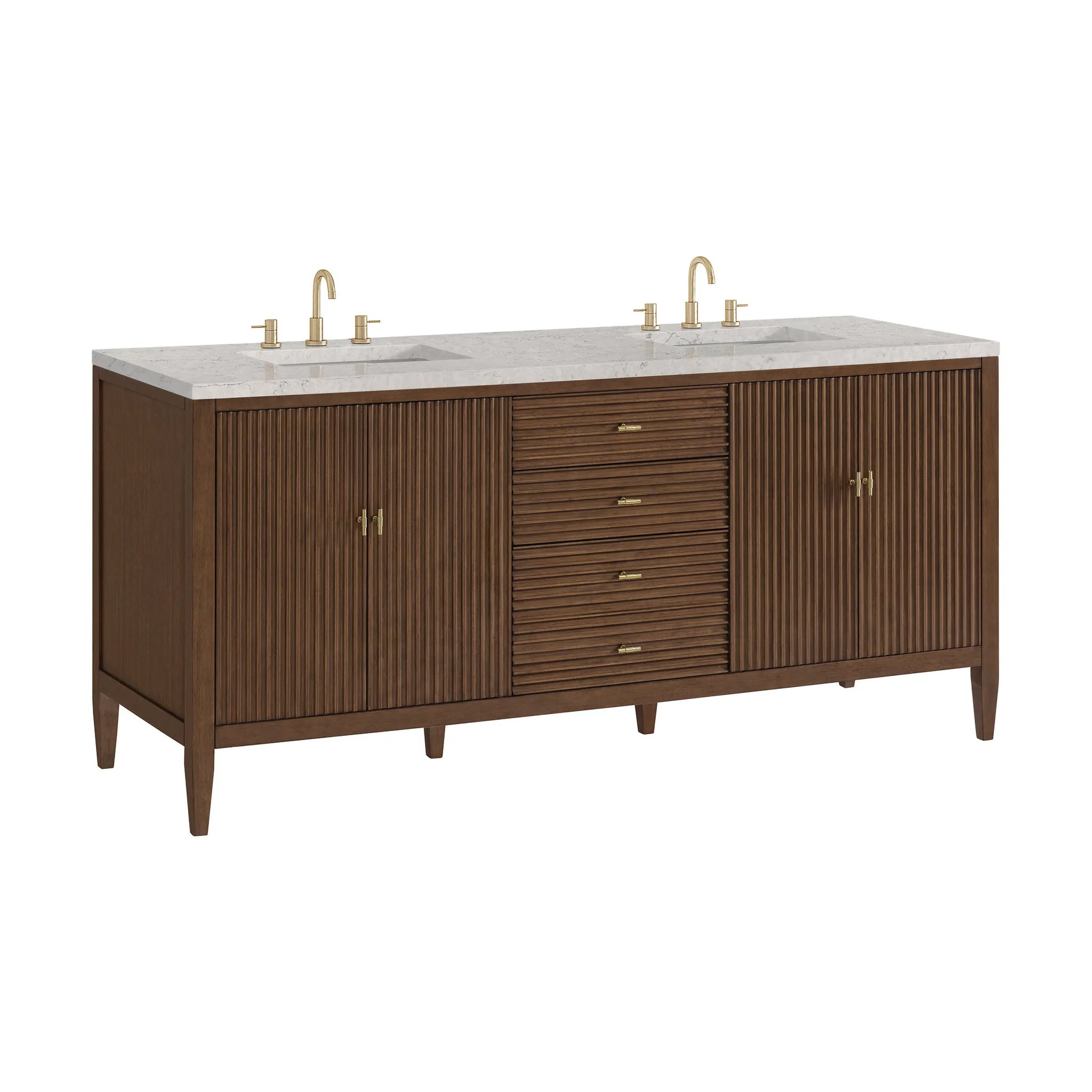 72" Myrrin Vanity in Mid Century Walnut-Eternal Jasmine Pearl Silestone-8" Widespread image 9