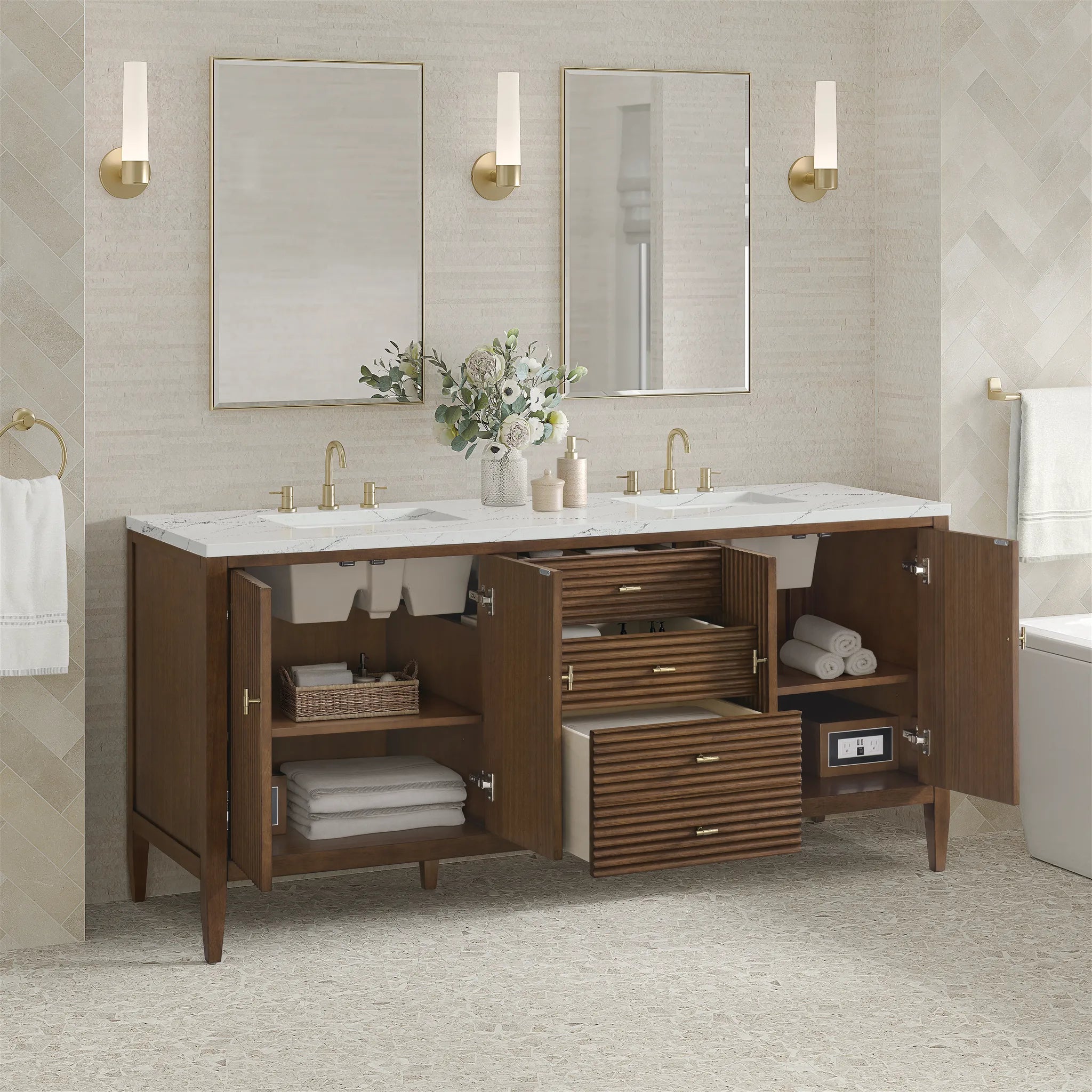 72" Myrrin Vanity in Mid Century Walnut-Ethereal Noctis Silestone-8" Widespread image 4