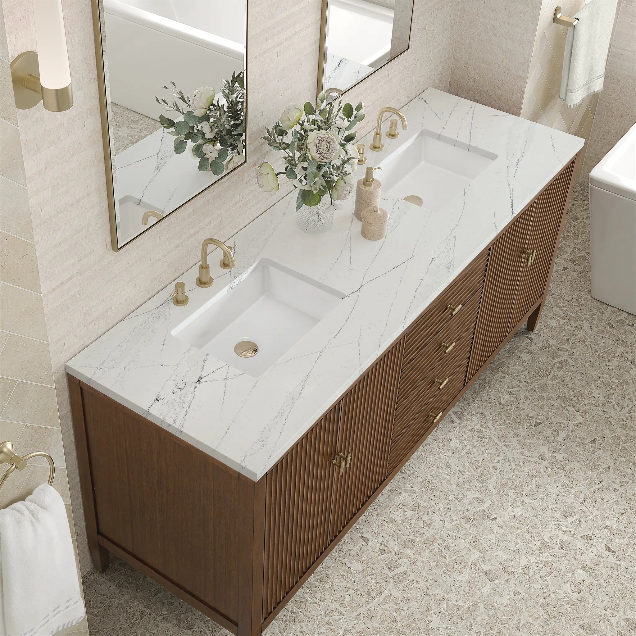 72" Myrrin Vanity in Mid Century Walnut-Ethereal Noctis Silestone-8" Widespread image 6