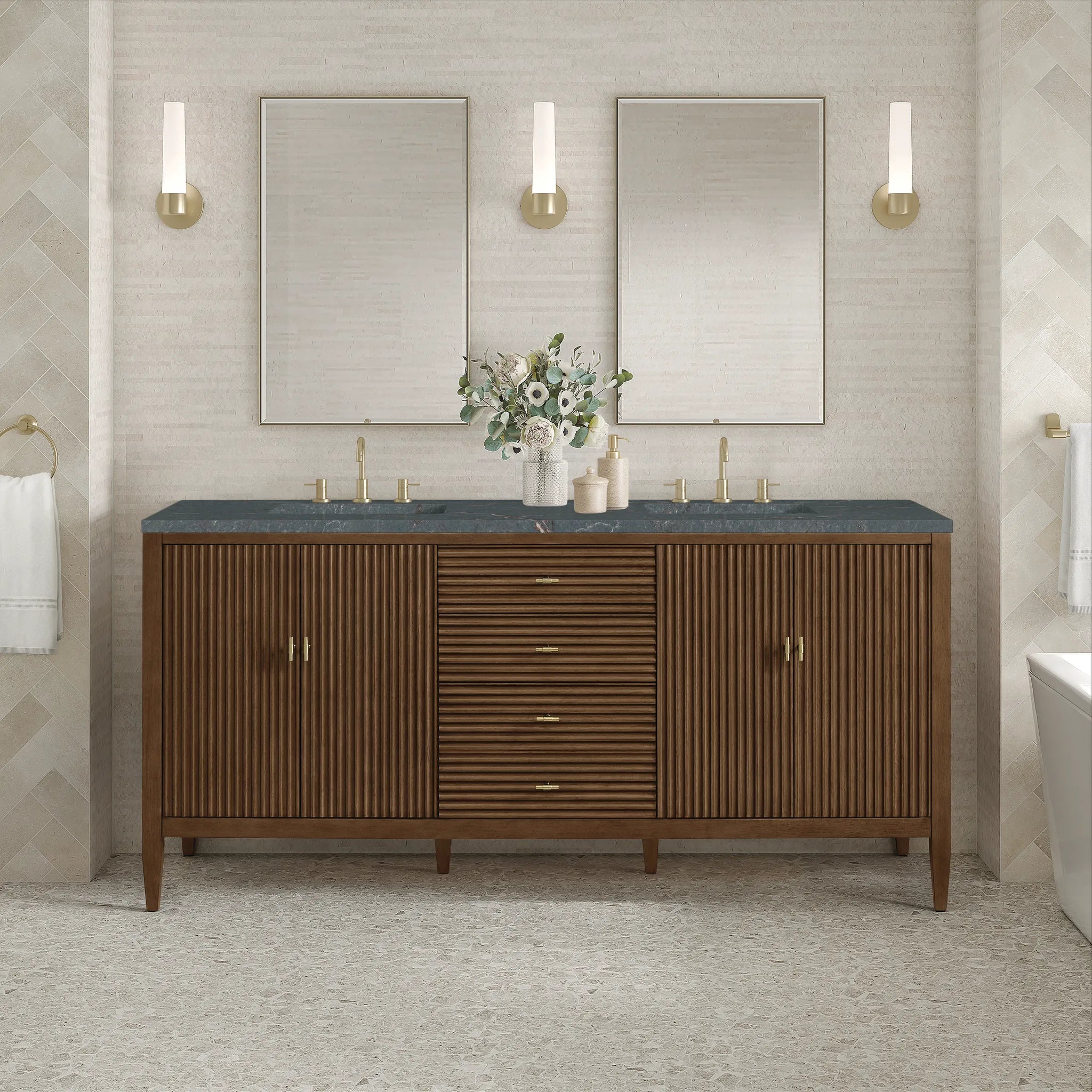 72" Myrrin Vanity in Mid Century Walnut-Parisien Bleu Silestone-8" Widespread image 2