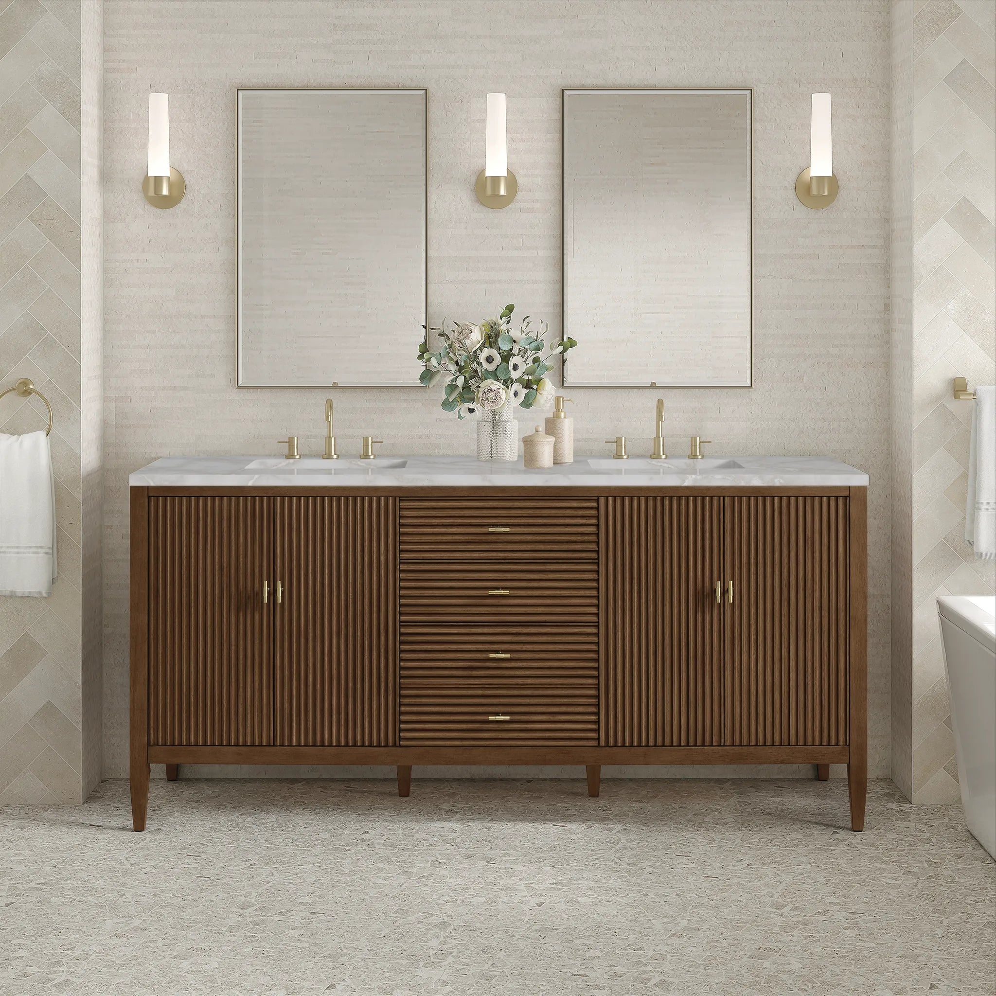 72" Myrrin Vanity in Mid Century Walnut-Victorian Silver Silestone-8" Widespread image 2