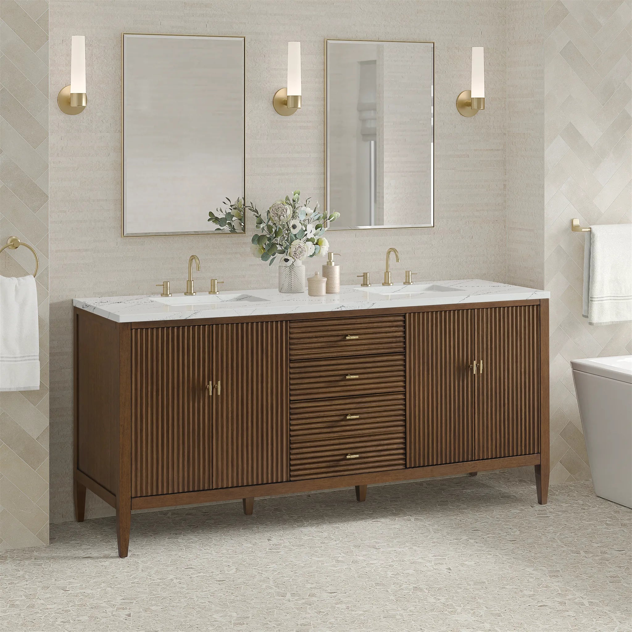 72" Myrrin Vanity in Mid Century Walnut w/FreePower Wireless Charger-Ethereal Noctis Silestone-8" Widespread image 6