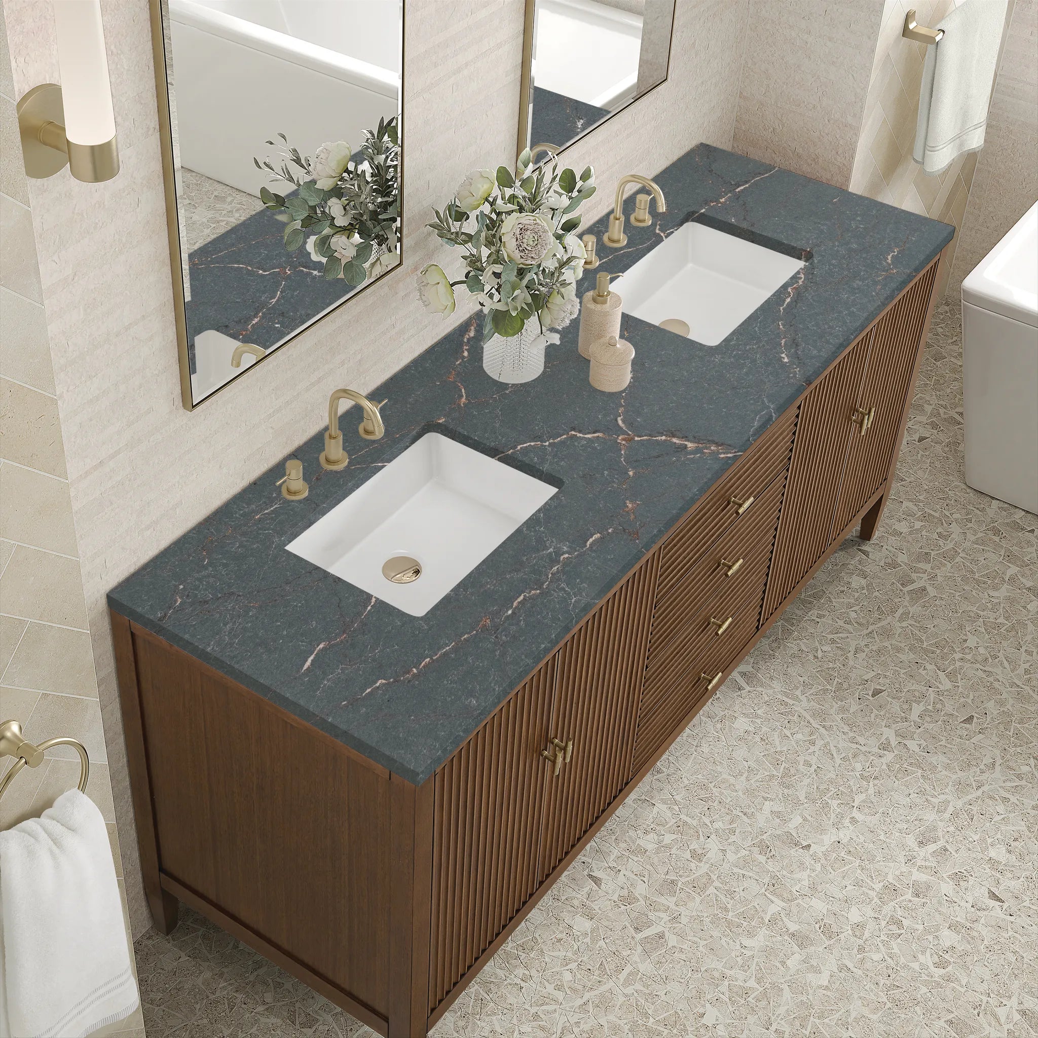 72" Myrrin Vanity in Mid Century Walnut w/FreePower Wireless Charger-Parisien Bleu Silestone-8" Widespread image 9