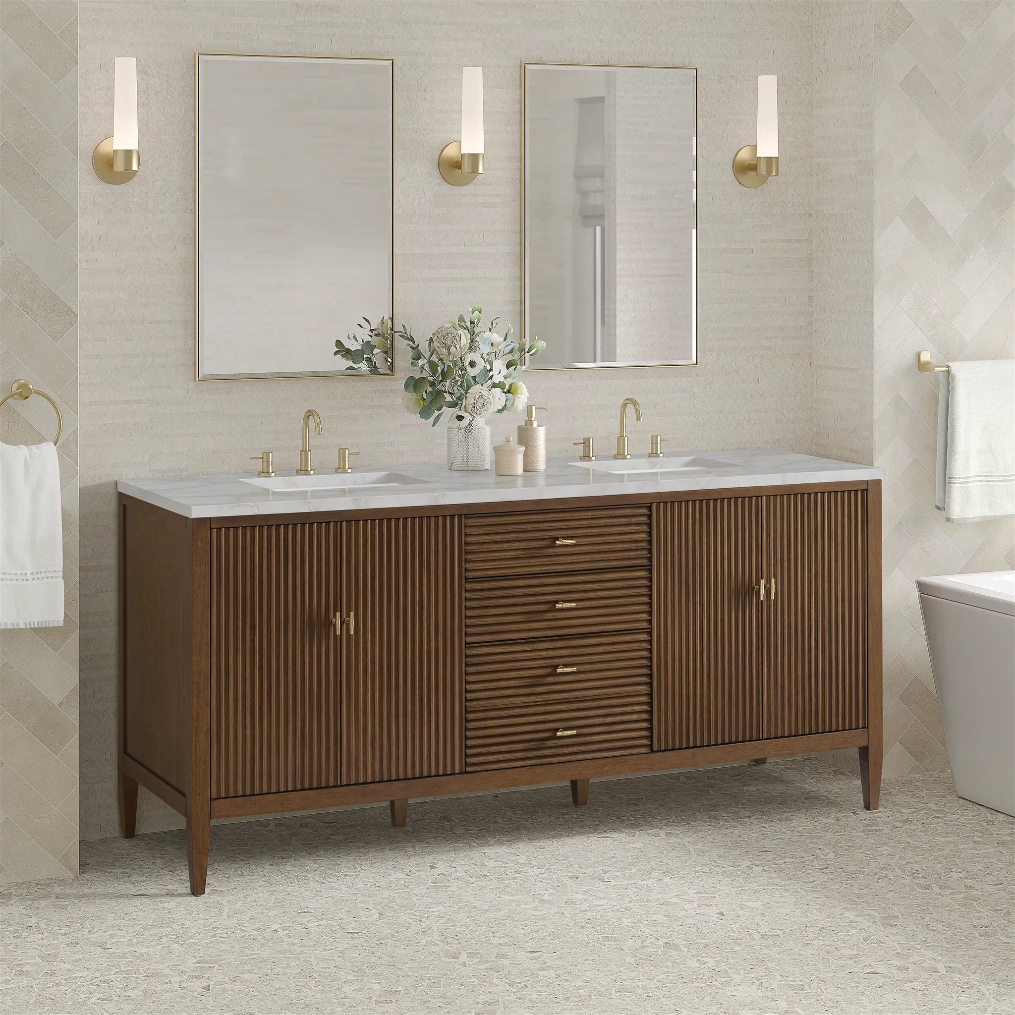 72" Myrrin Vanity in Mid Century Walnut w/FreePower Wireless Charger-Victorian Silver Silestone-8" Widespread image 6