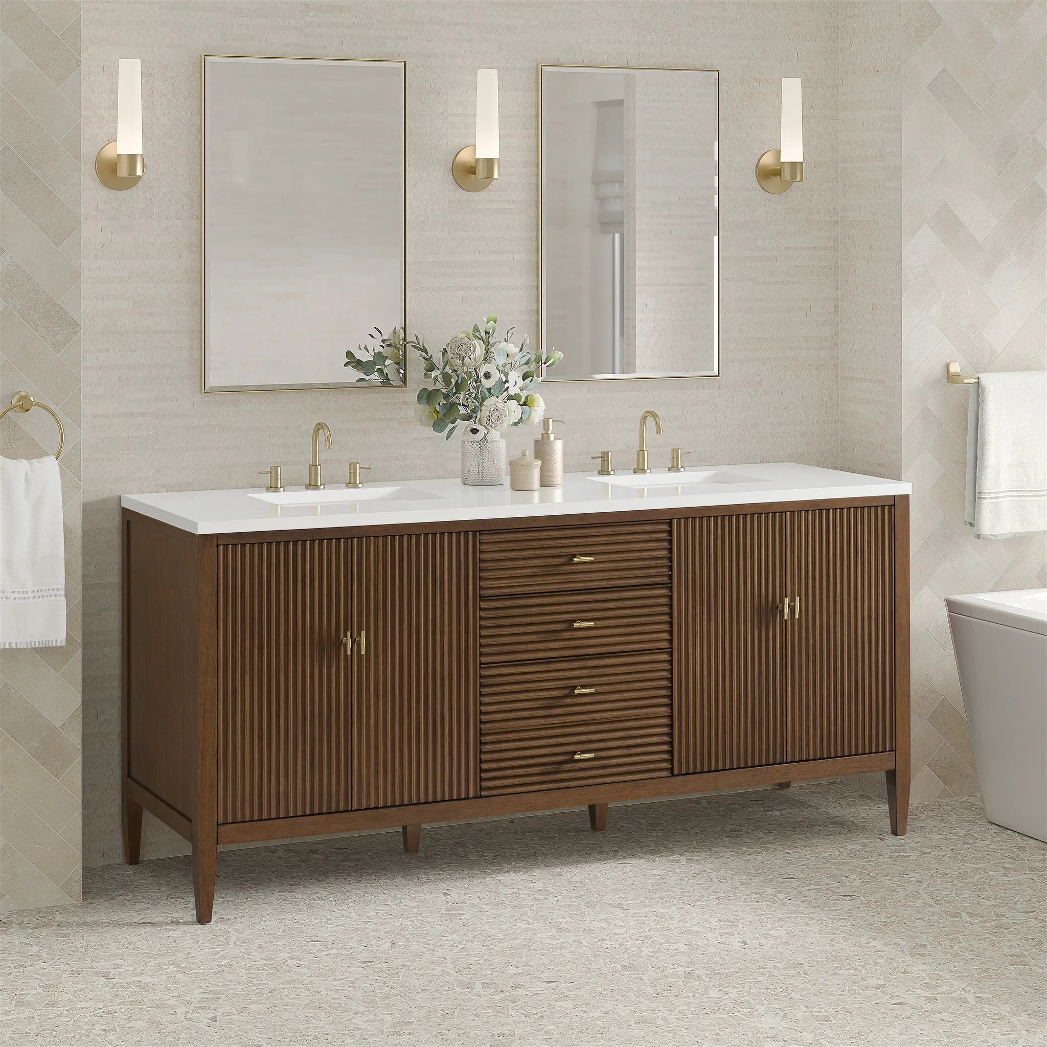 72" Myrrin Vanity in Mid Century Walnut-White Zeus Silestone-8" Widespread image 3