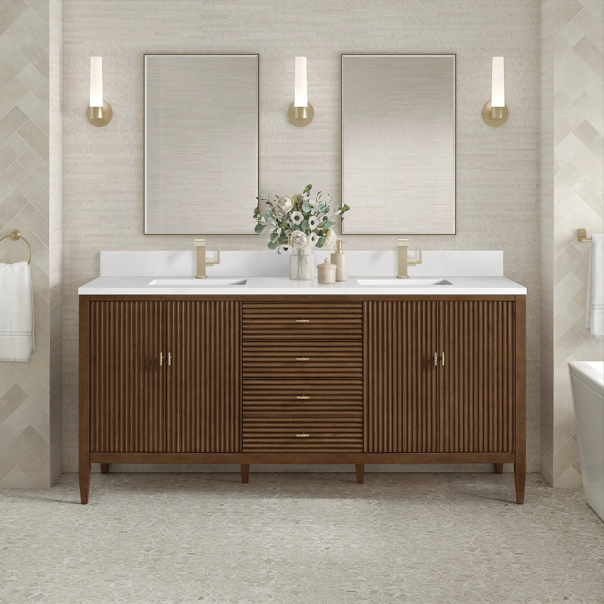 72" Myrrin Vanity in Mid Century Walnut-White Zeus Silestone & Backsplash-Single Hole image 1
