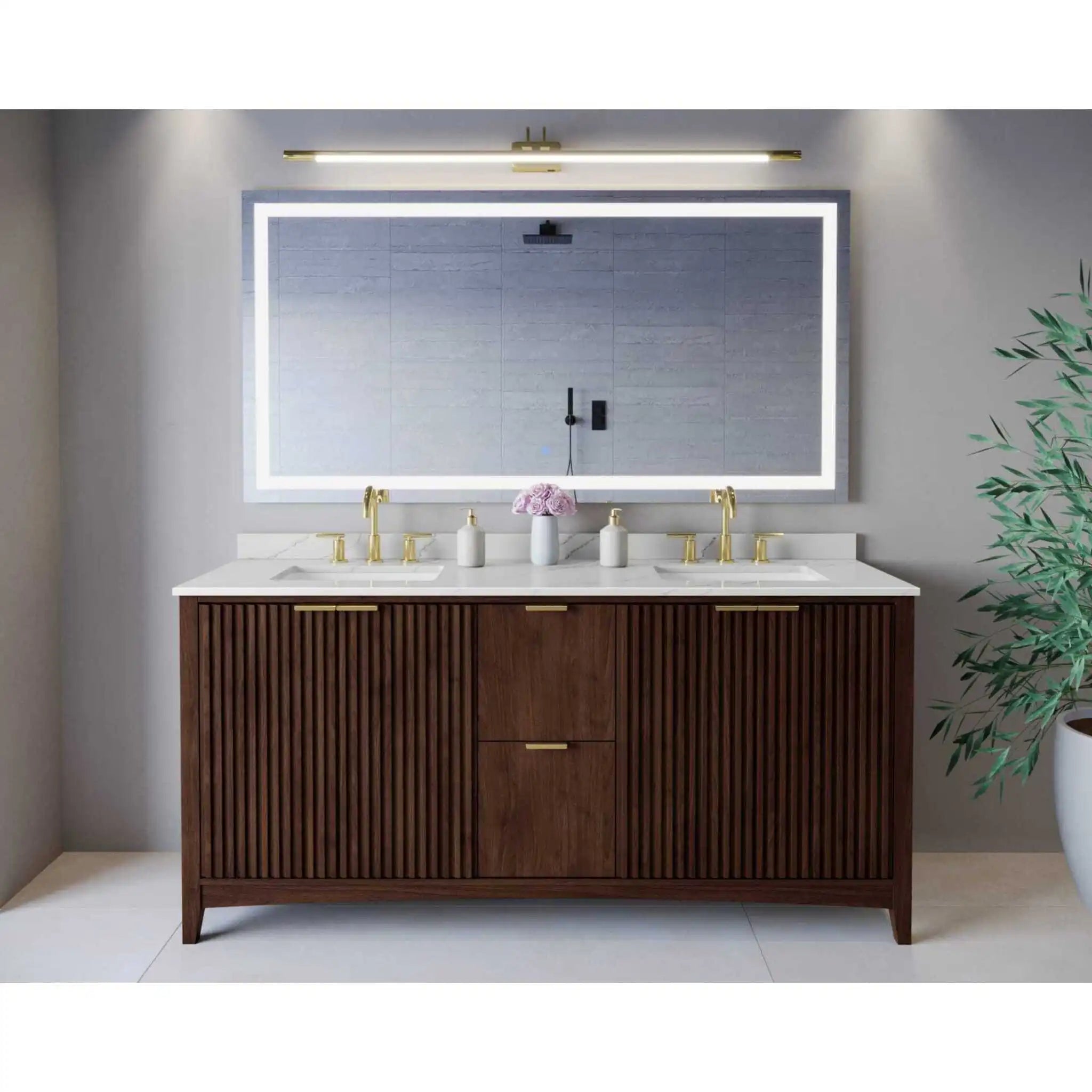 72" Palmilla Double Bathroom Vanity in Dark Walnut with Brushed Gold Trim by Wyndham