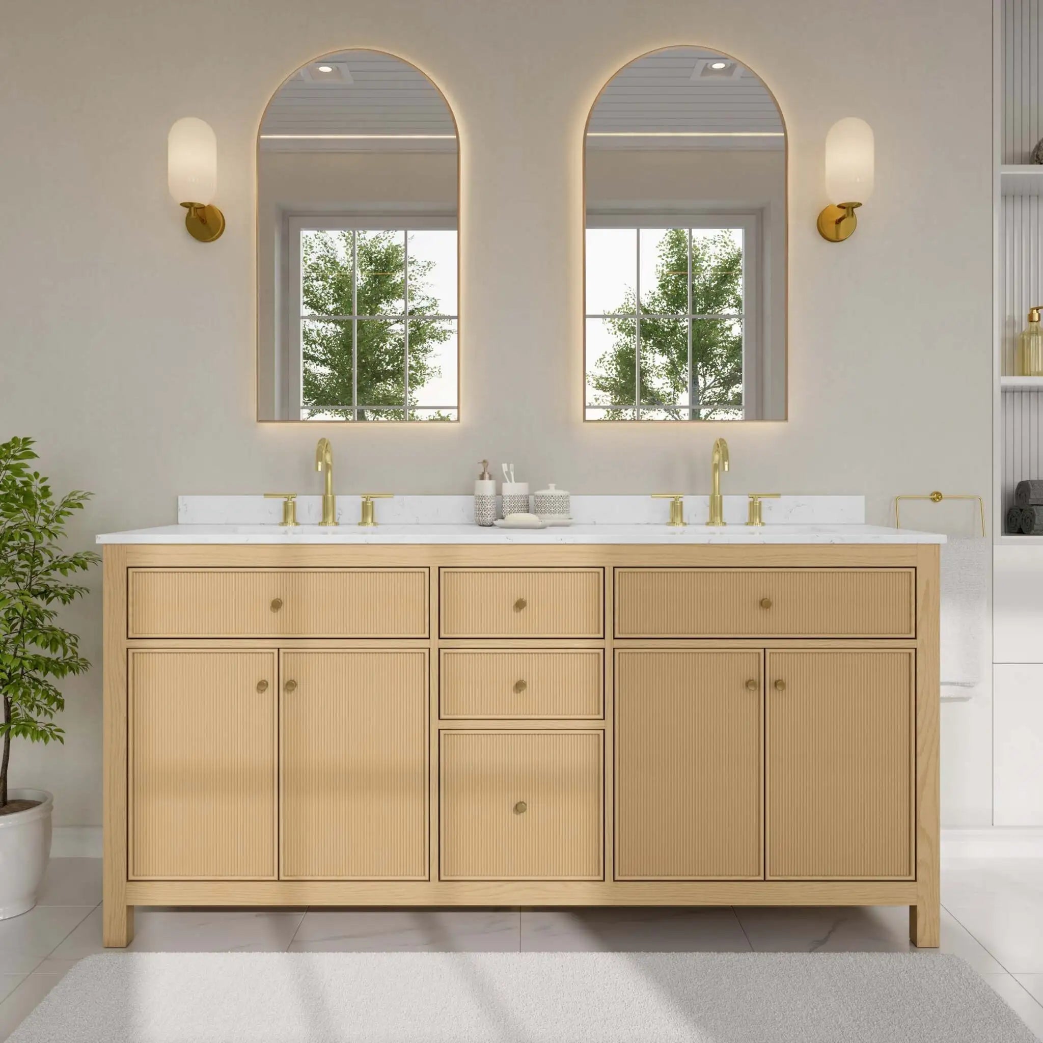 72" Pendry Double Bathroom Vanity in Tanned Oak with Brushed Gold Trim by Wyndham
