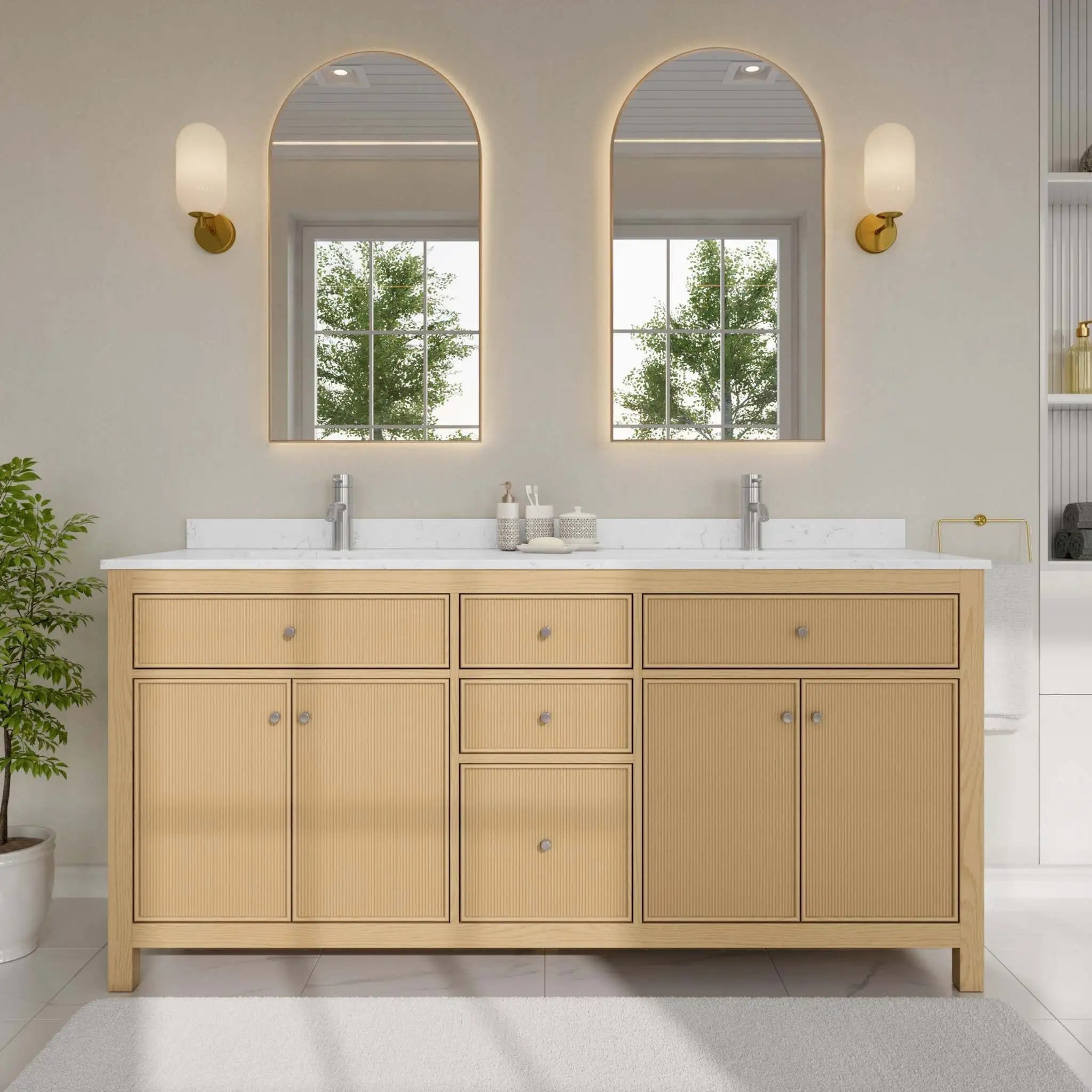 72" Pendry Double Bathroom Vanity in Tanned Oak with Brushed Nickel Trim by Wyndham
