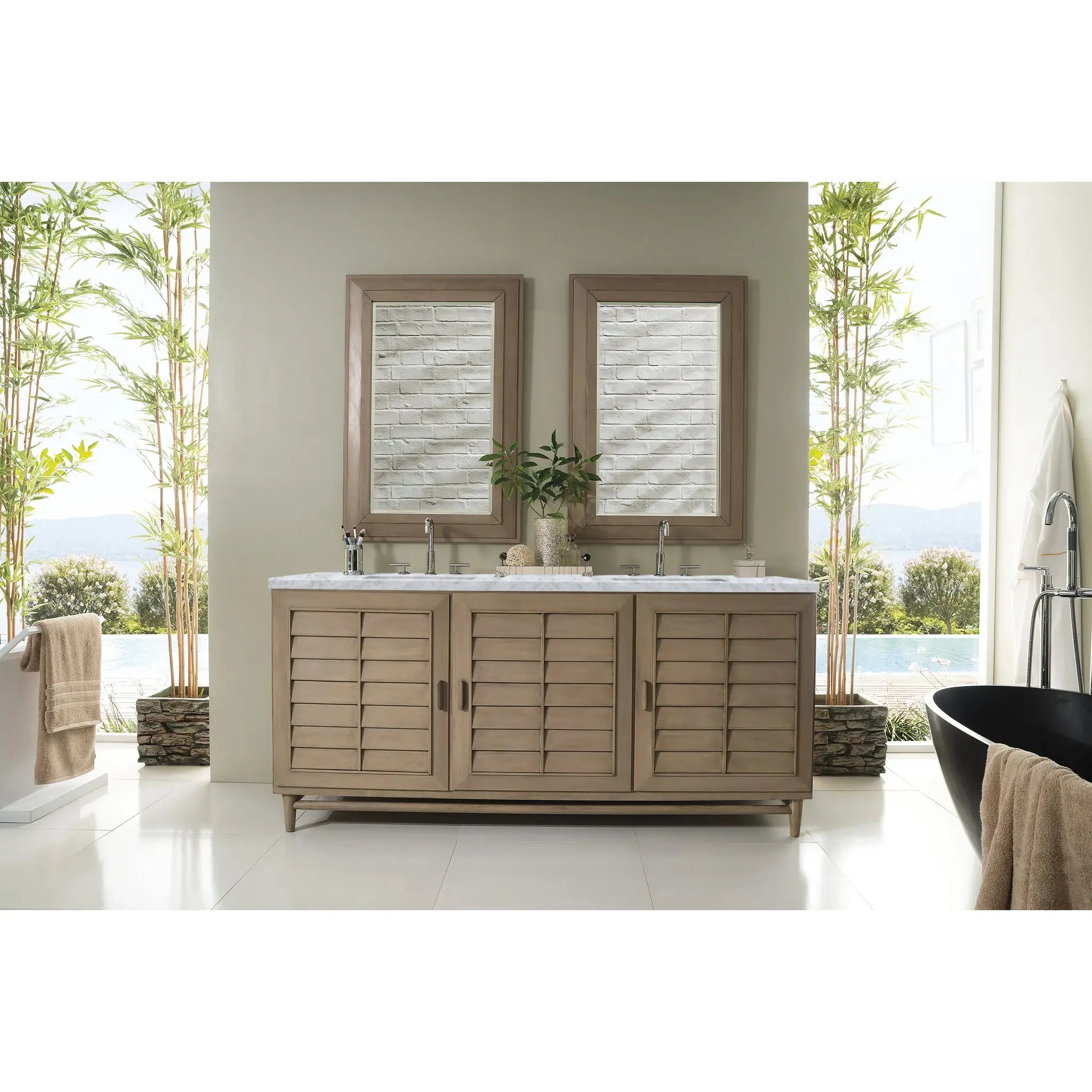 72" Portland Double Vanity in Whitewashed Walnut-Carrara White Marble-8" Widespread image 1