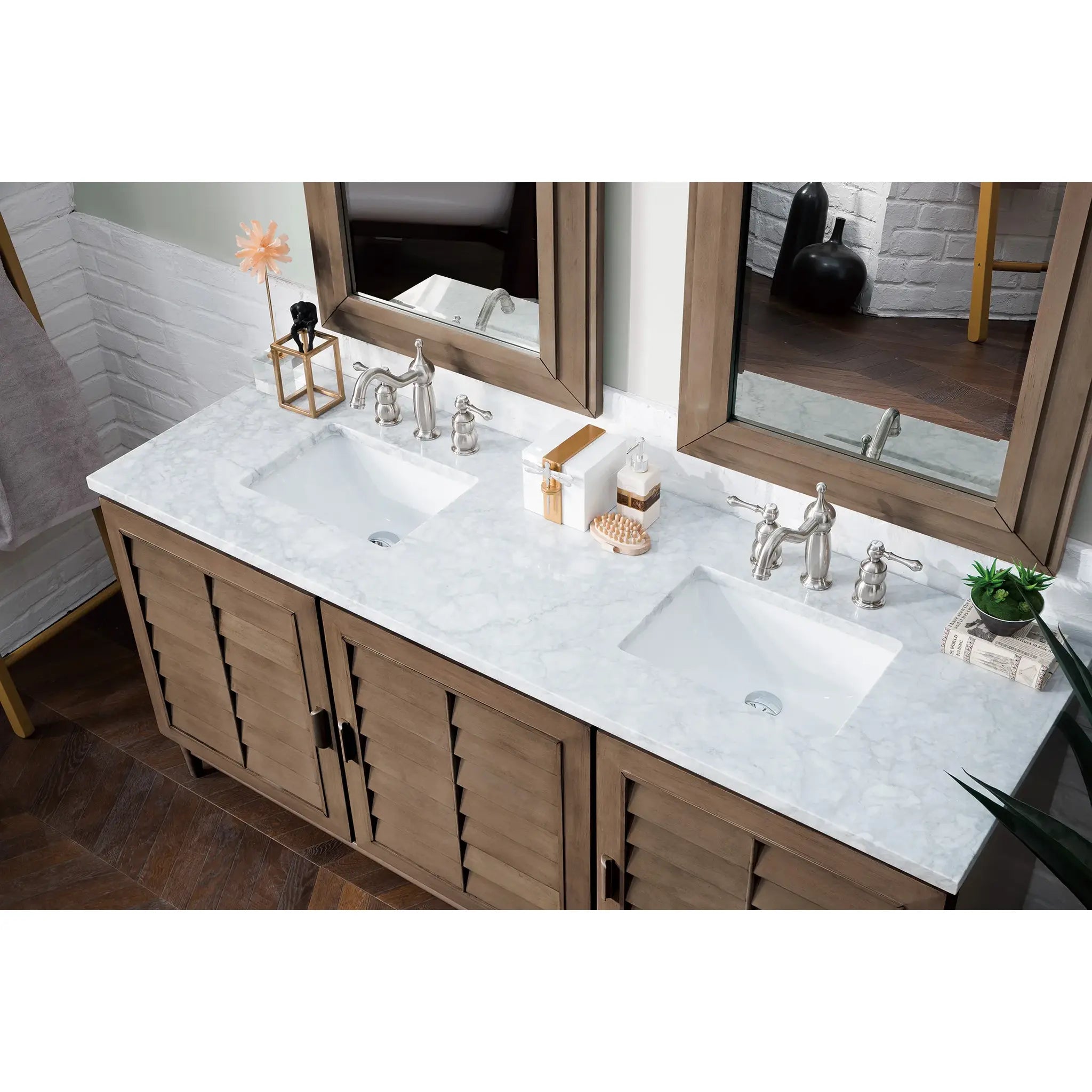 72" Portland Double Vanity in Whitewashed Walnut-Carrara White Marble-8" Widespread image 4