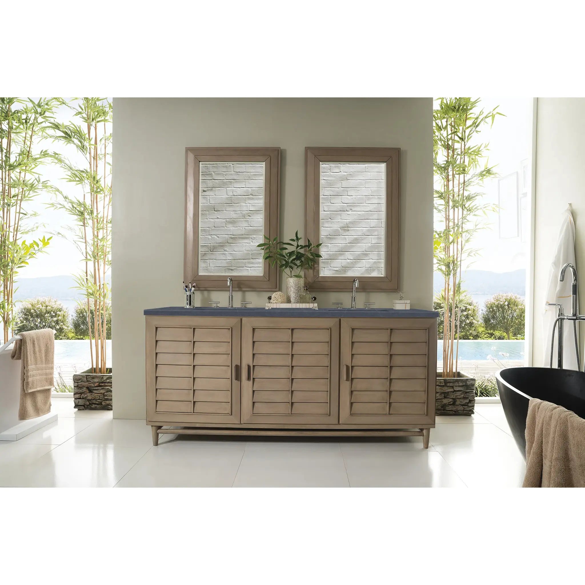 72" Portland Double Vanity in Whitewashed Walnut-Charcoal Soapstone Silestone-8" Widespread image 1