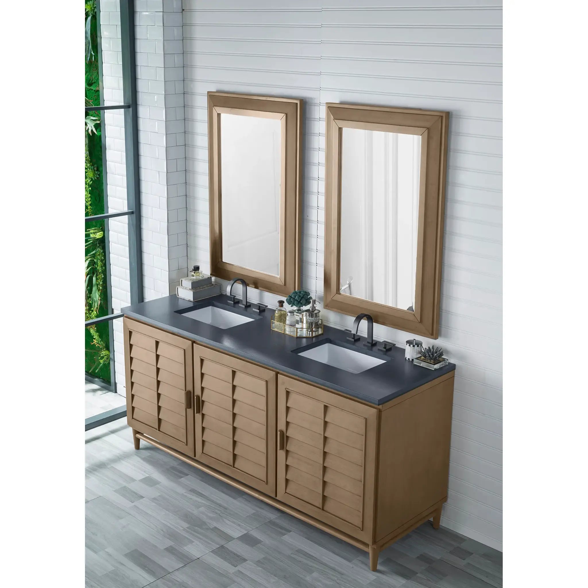 72" Portland Double Vanity in Whitewashed Walnut-Charcoal Soapstone Silestone-8" Widespread image 2