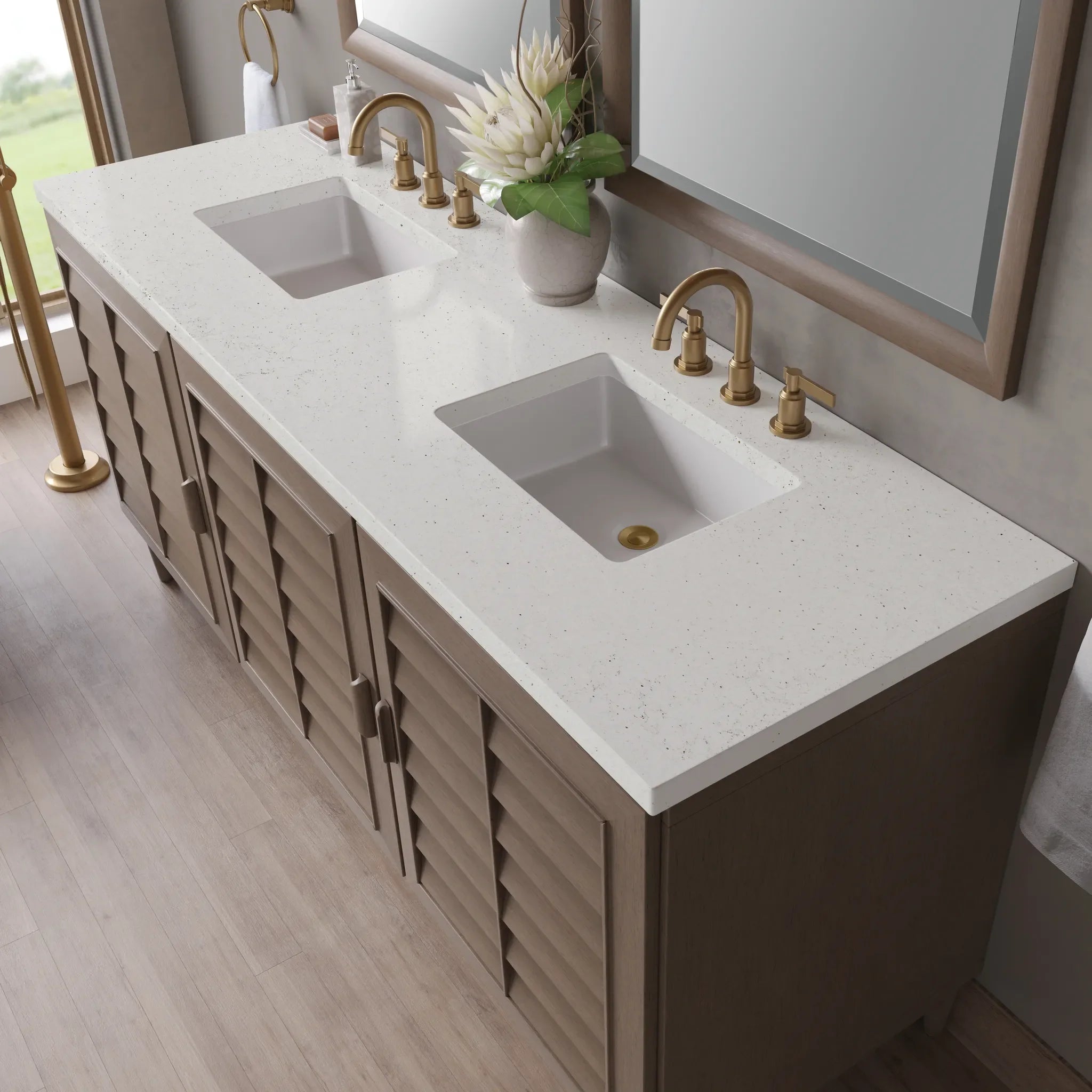 72" Portland Double Vanity in Whitewashed Walnut-Lime Delight Silestone-8" Widespread image 4
