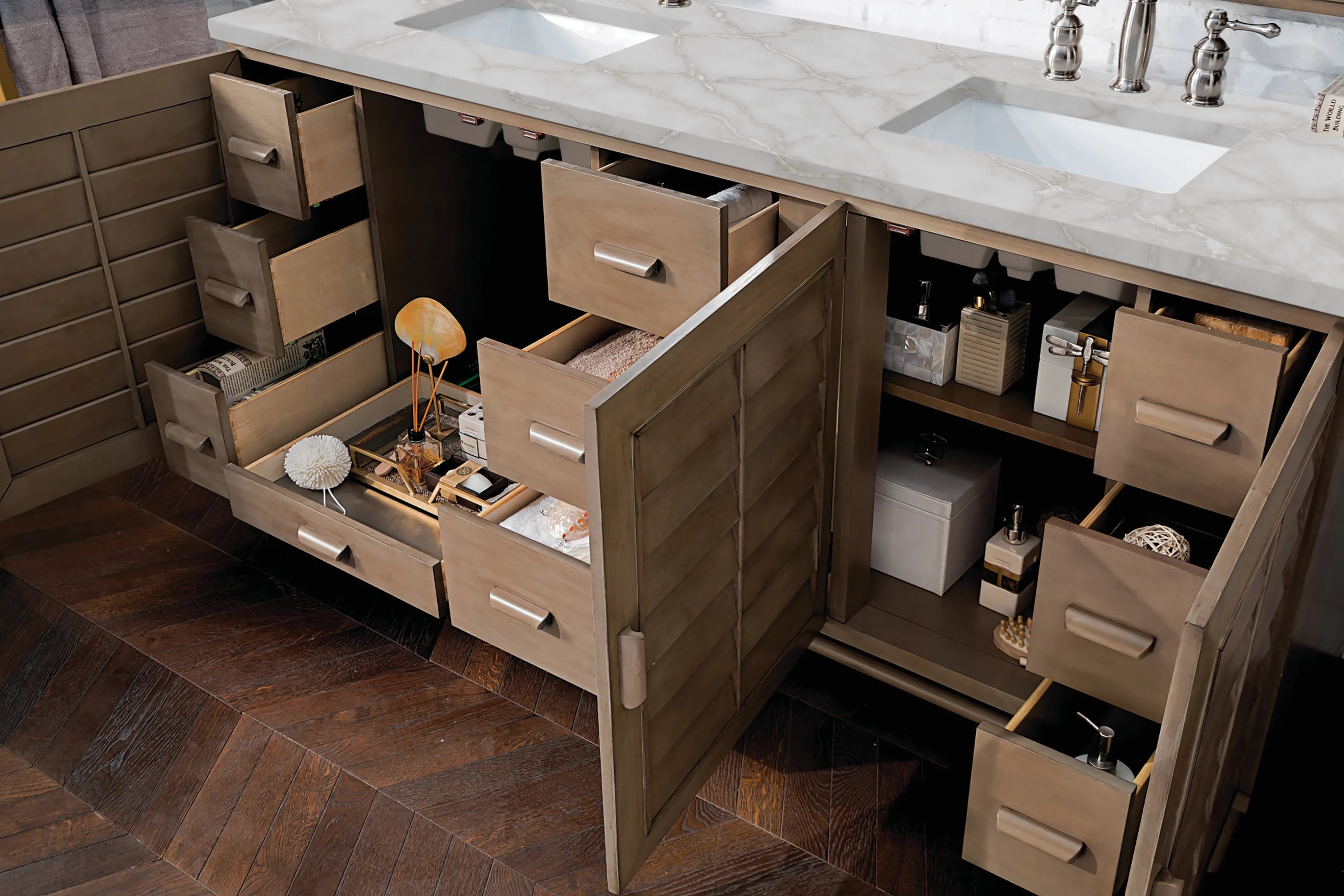 72" Portland Double Vanity in Whitewashed Walnut-Victorian Silver Silestone-8" Widespread image 3