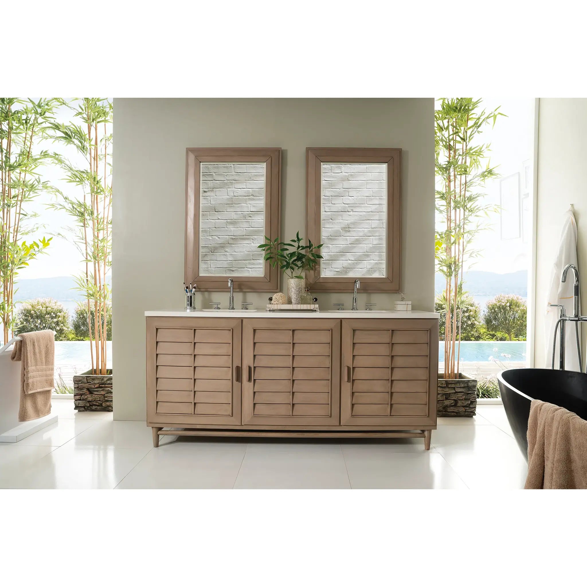 72" Portland Double Vanity in Whitewashed Walnut-White Zeus Silestone-8" Widespread image 1