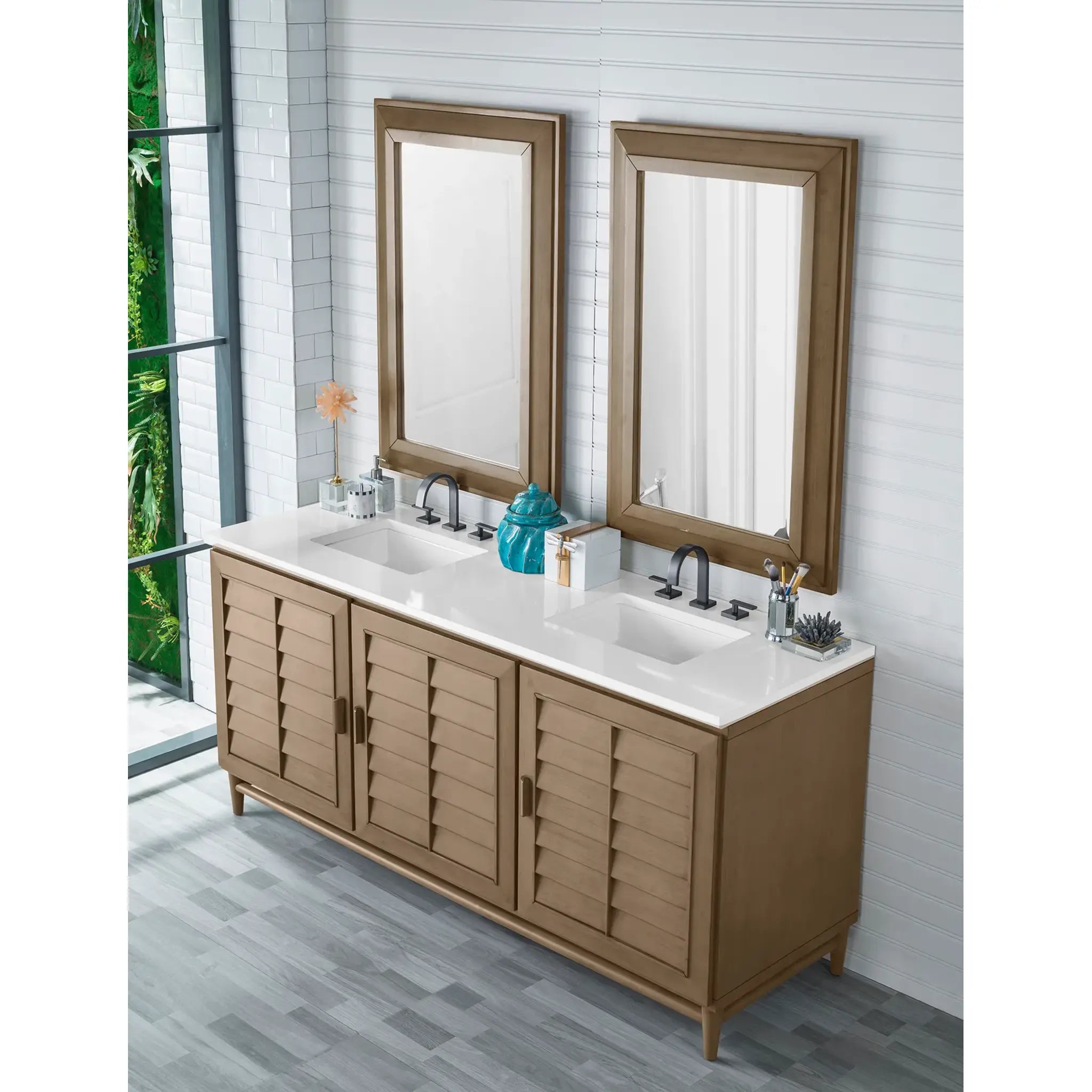 72" Portland Double Vanity in Whitewashed Walnut-White Zeus Silestone-8" Widespread image 2