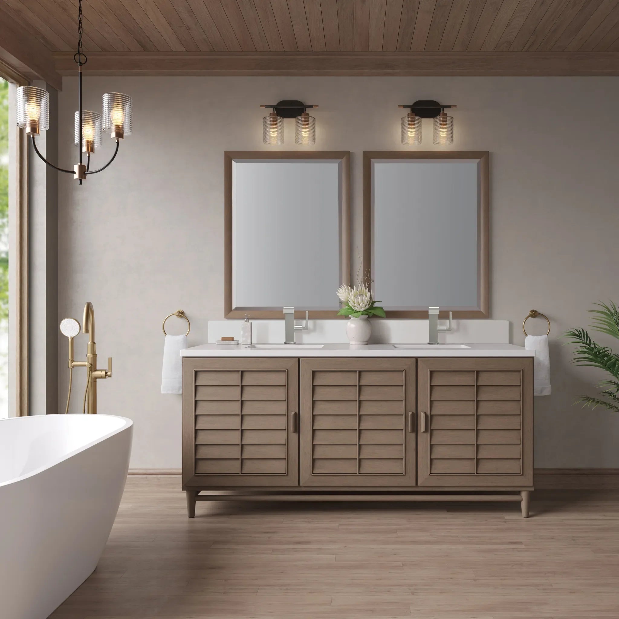 72" Portland Double Vanity in Whitewashed Walnut-White Zeus Silestone & Backsplash-Single Hole image 1