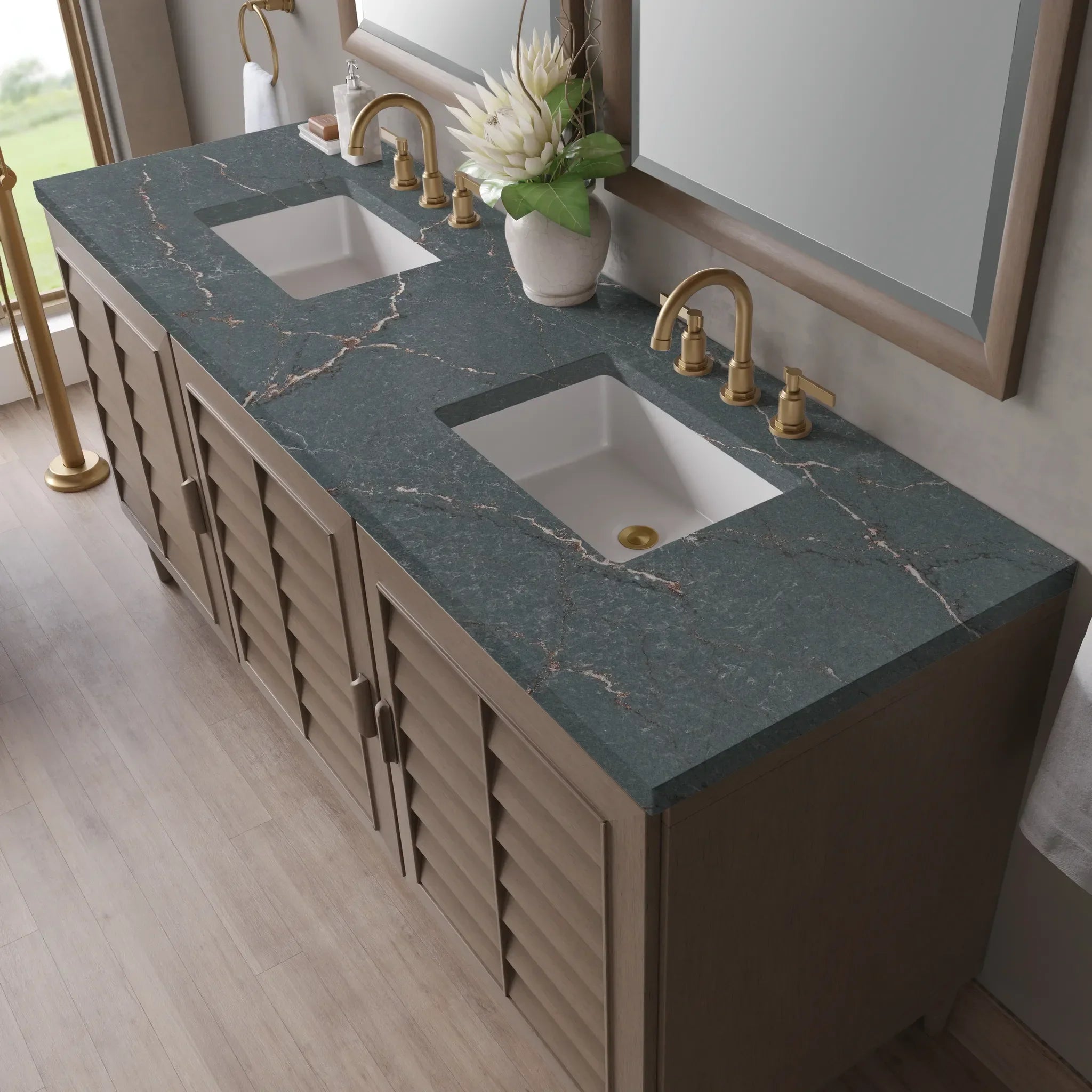72" Portland Double Vanity in Whitewashed Walnut Wireless Charger-Parisien Bleu Silestone-8" Widespread image 8