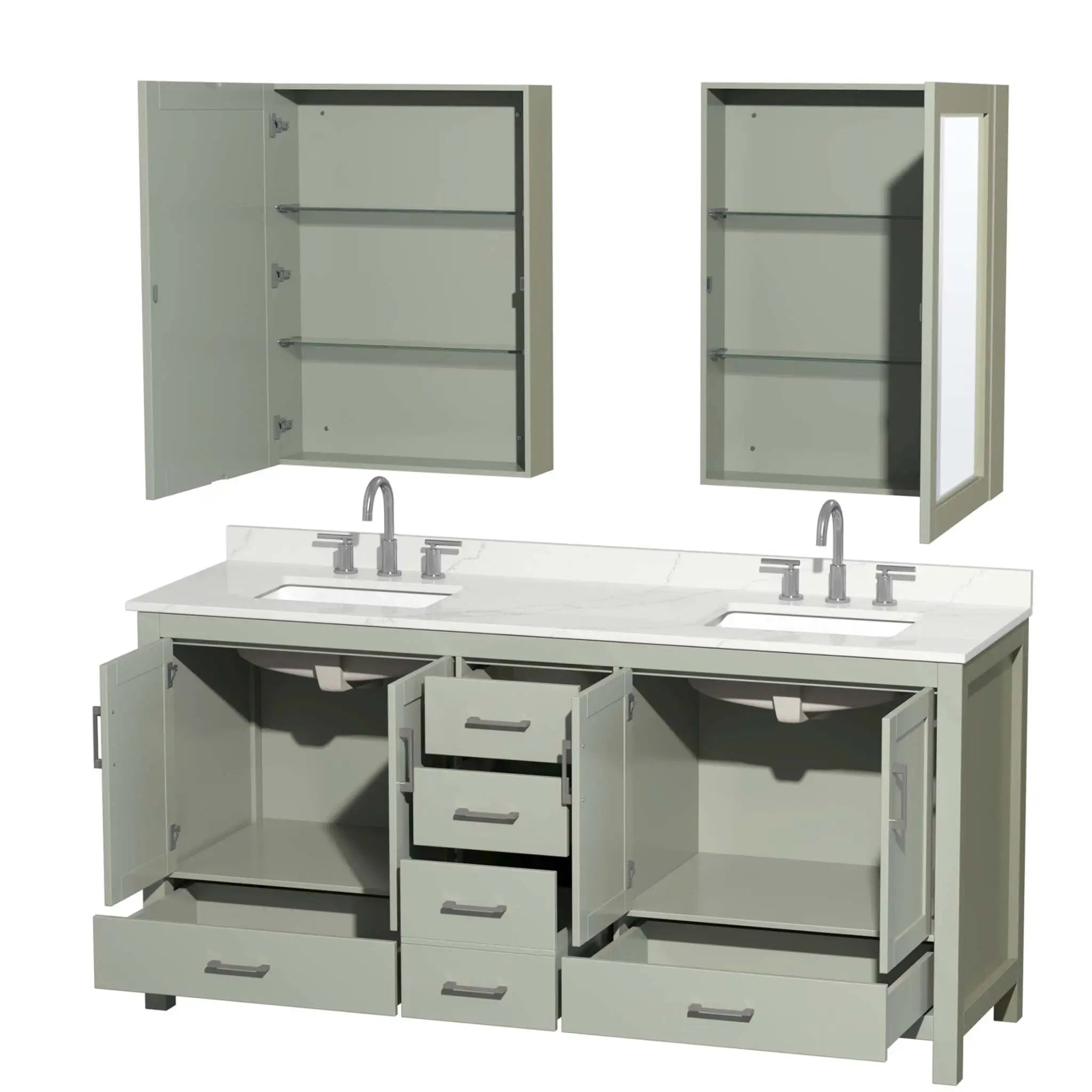 72" Sheffield 72 inch Double Bathroom Vanity in Light Green with Brushed Nickel Trim & Medicine Cabinet by Wyndham