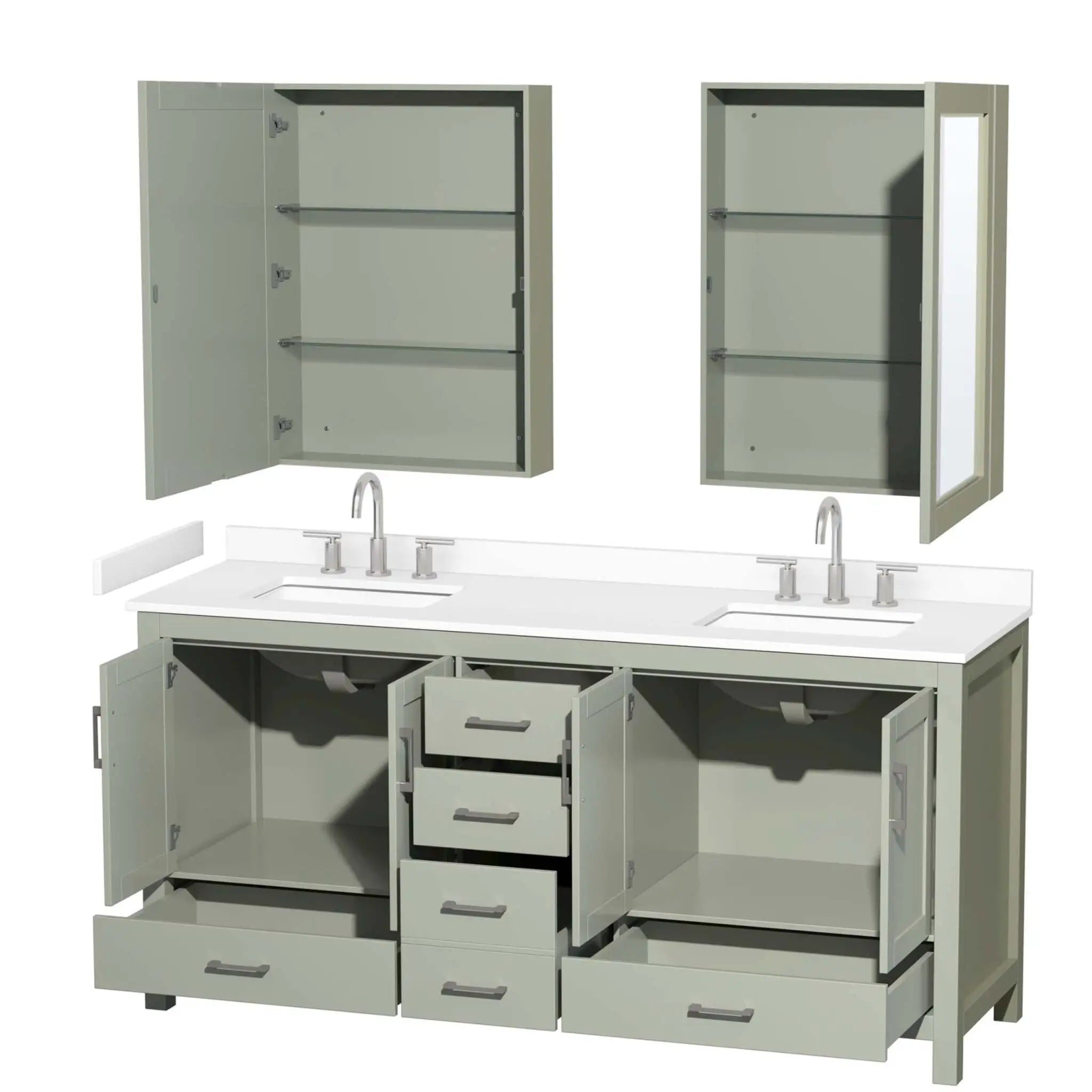 72" Sheffield 72 inch Double Bathroom Vanity in Light Green with Brushed Nickel Trim & Medicine Cabinet by Wyndham