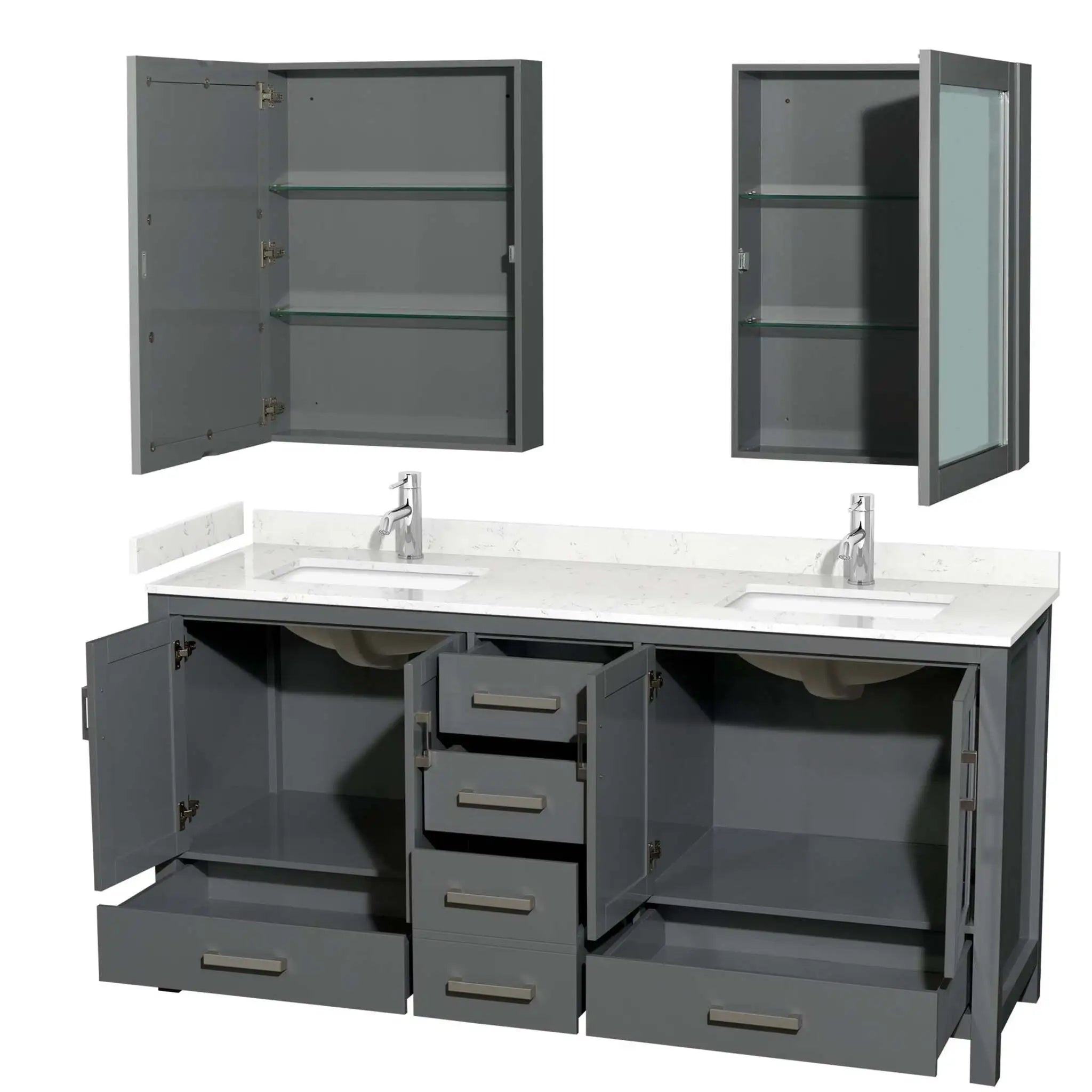 72" Sheffield Double Bathroom Vanity in Dark Gray with Brushed Chrome Trim & Medicine Cabinet by Wyndham
