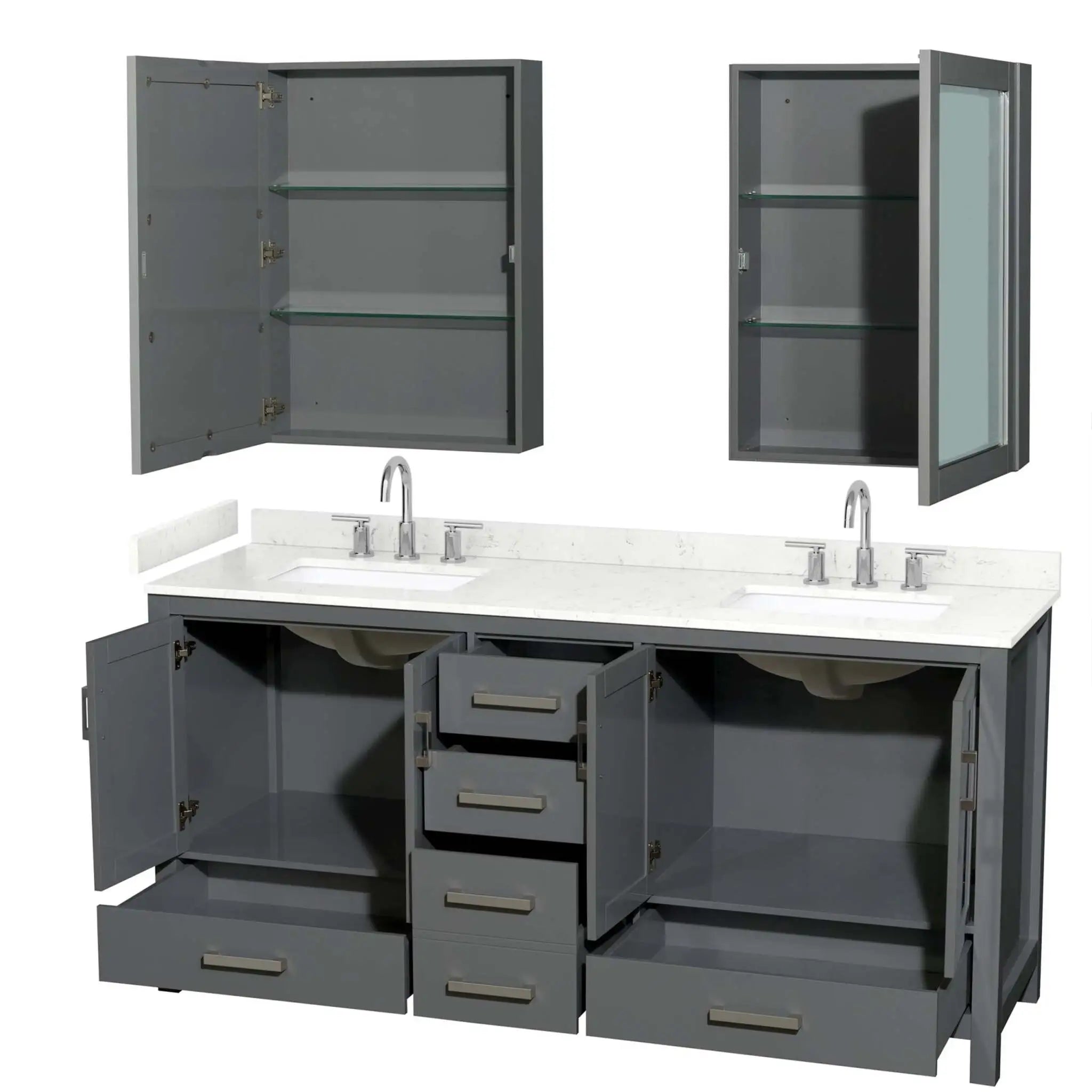 72" Sheffield Double Bathroom Vanity in Dark Gray with Brushed Chrome Trim & Medicine Cabinet by Wyndham