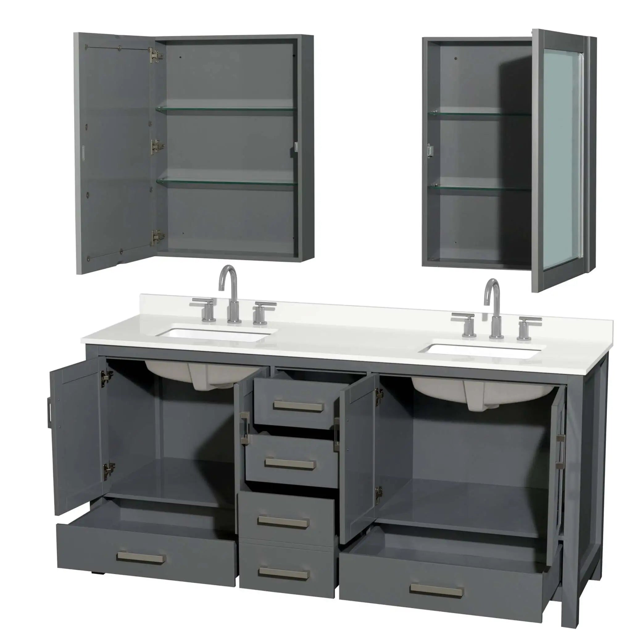 72" Sheffield Double Bathroom Vanity in Dark Gray with Brushed Chrome Trim & Medicine Cabinet by Wyndham