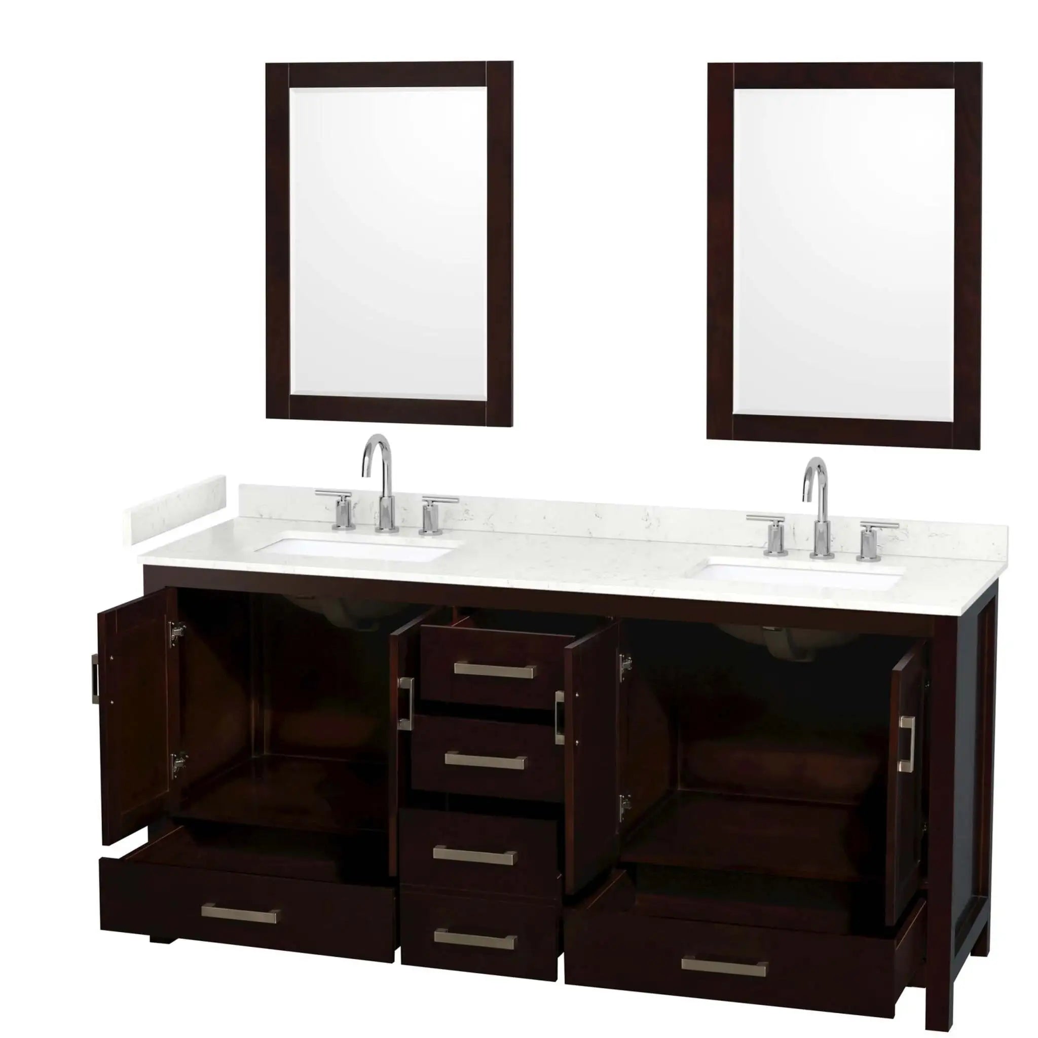 72" Sheffield Double Bathroom Vanity in Espresso with Brushed Chrome Trim & 24" Mirror by Wyndham