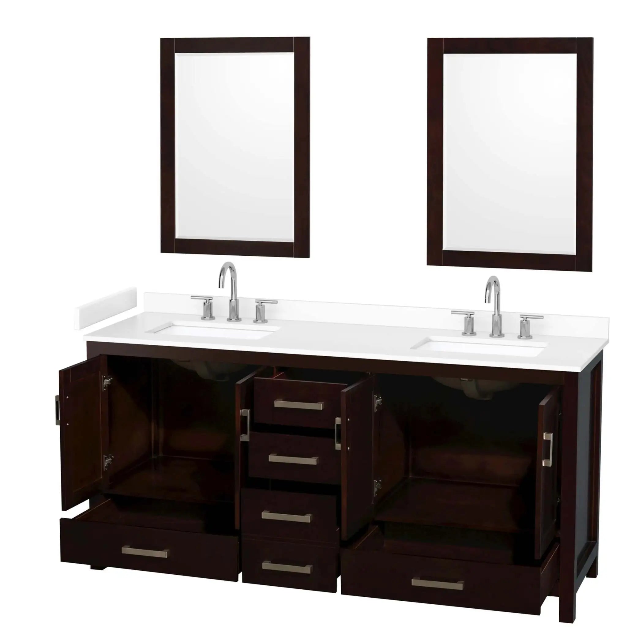 72" Sheffield Double Bathroom Vanity in Espresso with Brushed Chrome Trim & 24" Mirror by Wyndham
