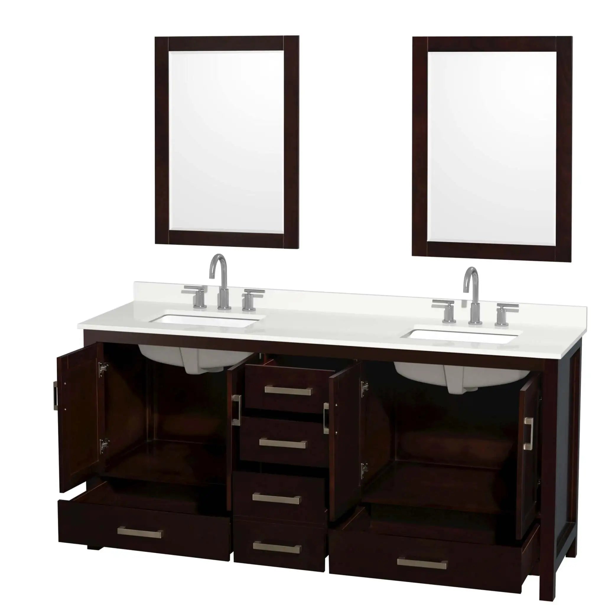72" Sheffield Double Bathroom Vanity in Espresso with Brushed Chrome Trim & 24" Mirror by Wyndham