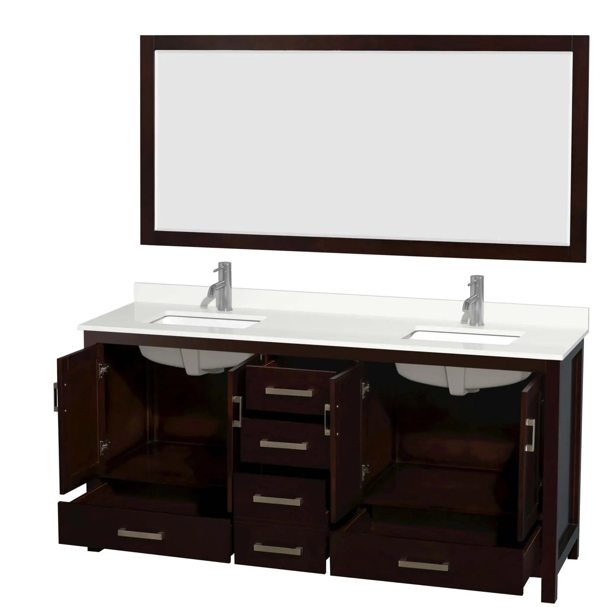 72" Sheffield Double Bathroom Vanity in Espresso with Brushed Chrome Trim & 70" Mirror by Wyndham
