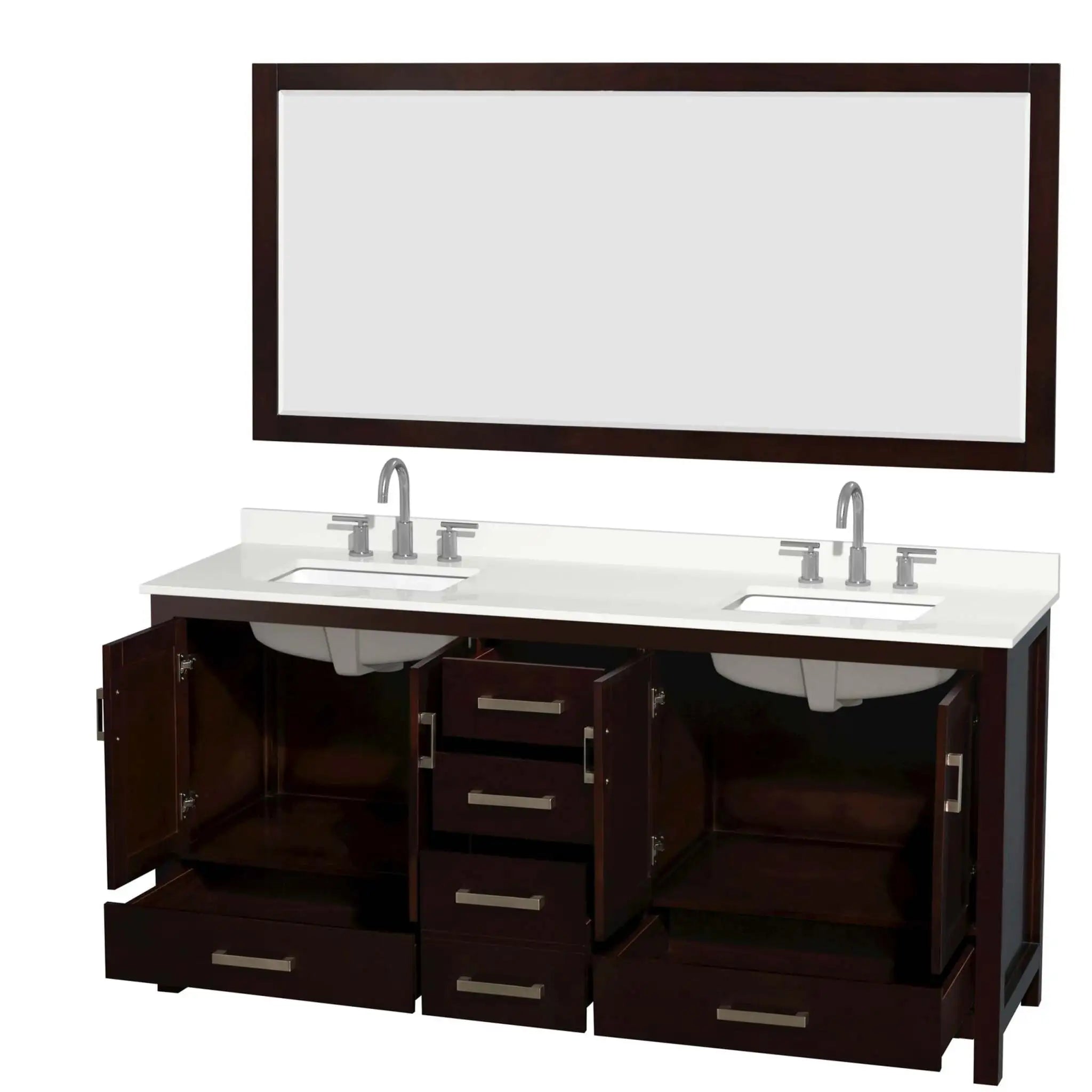 72" Sheffield Double Bathroom Vanity in Espresso with Brushed Chrome Trim & 70" Mirror by Wyndham