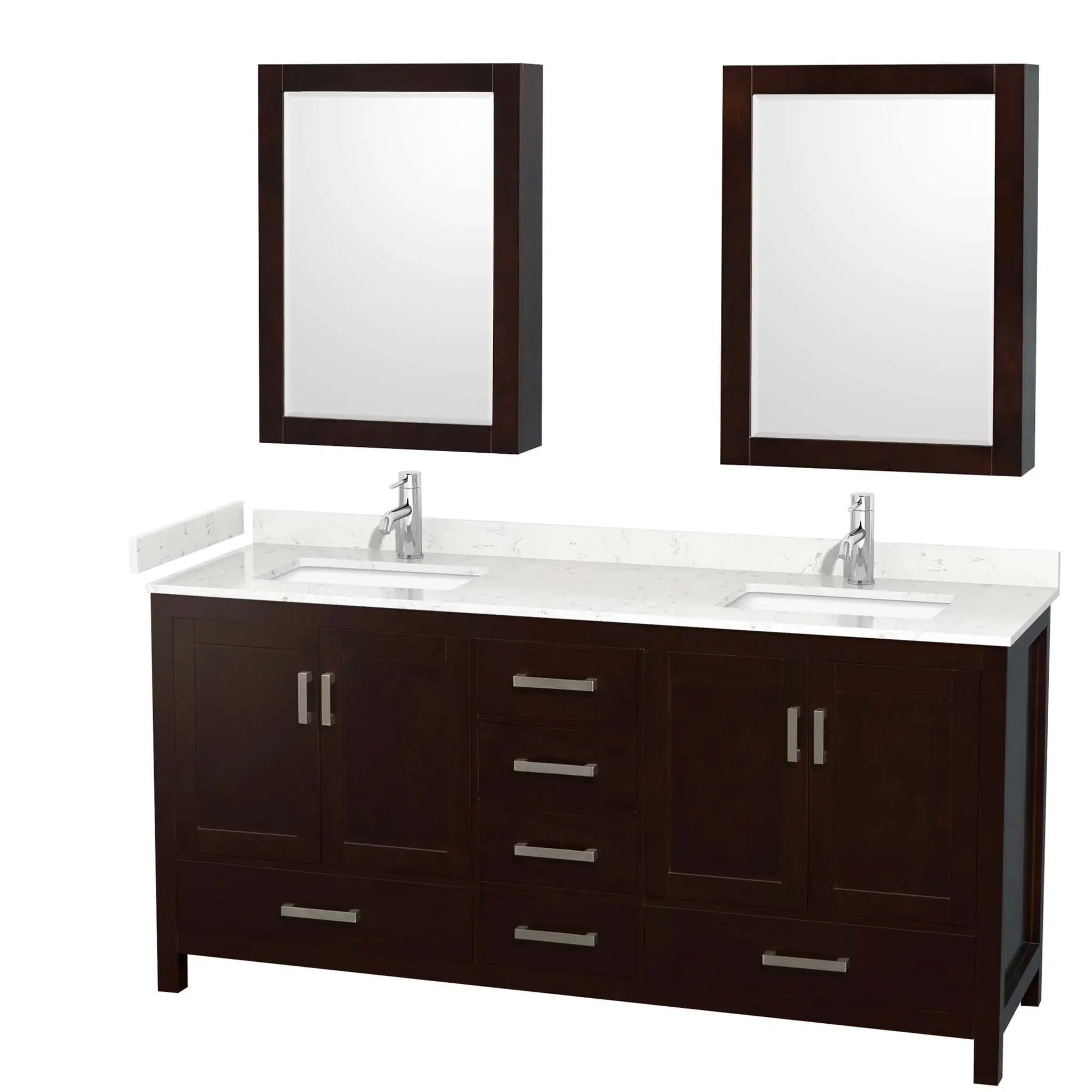 72" Sheffield Double Bathroom Vanity in Espresso with Brushed Chrome Trim & Medicine Cabinet by Wyndham
