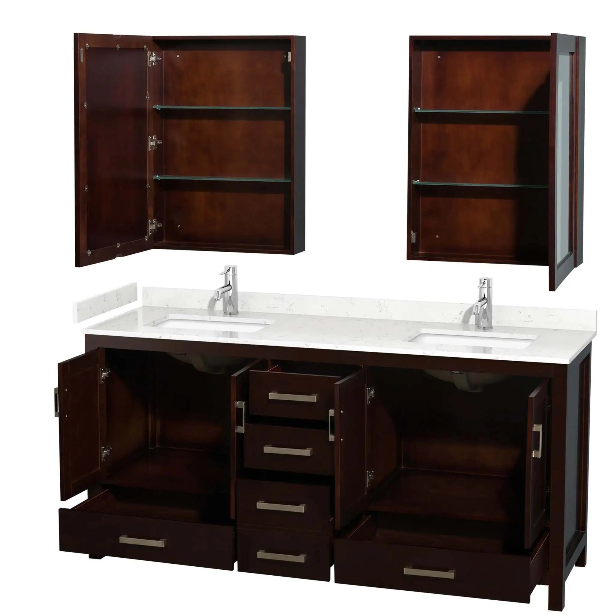 72" Sheffield Double Bathroom Vanity in Espresso with Brushed Chrome Trim & Medicine Cabinet by Wyndham