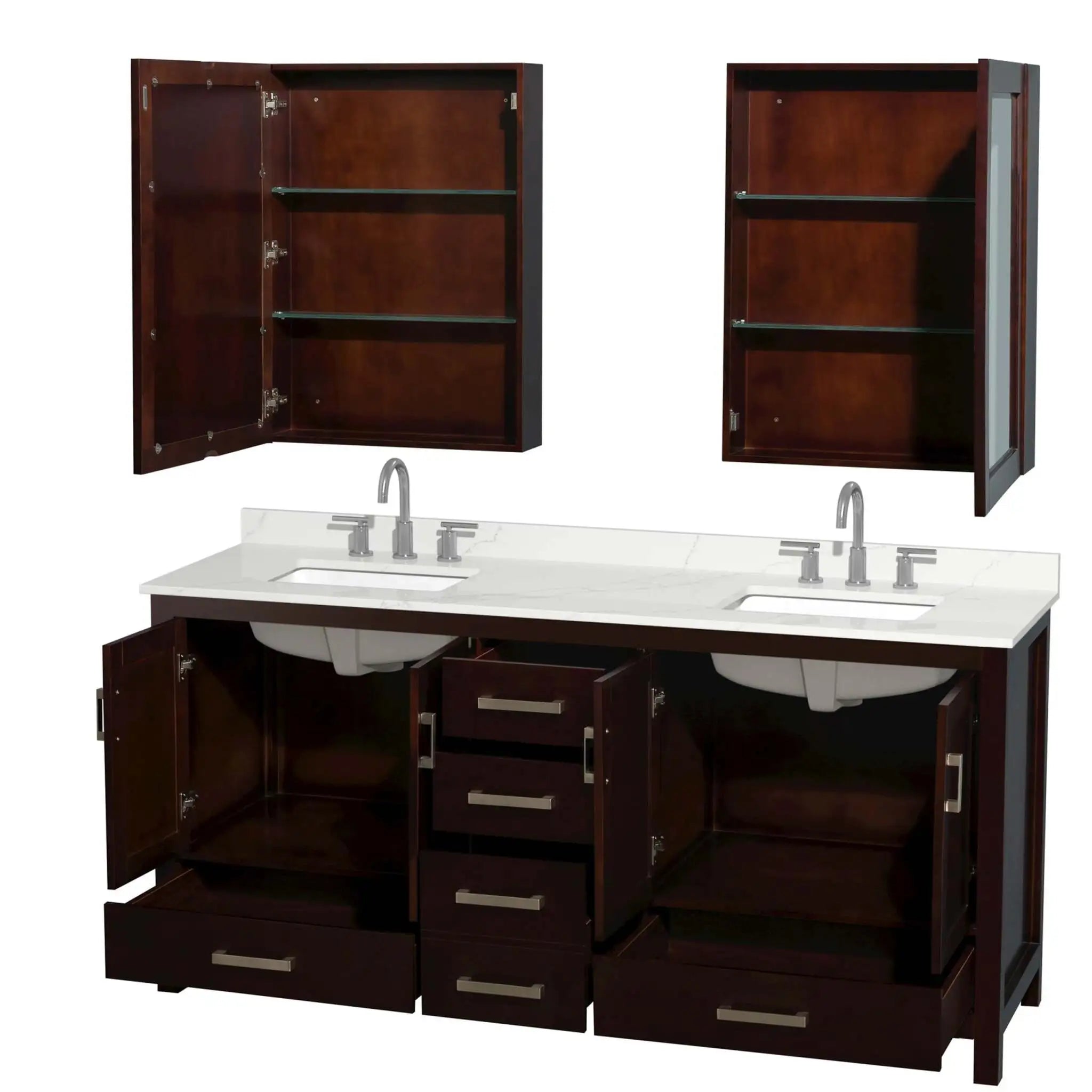 72" Sheffield Double Bathroom Vanity in Espresso with Brushed Chrome Trim & Medicine Cabinet by Wyndham