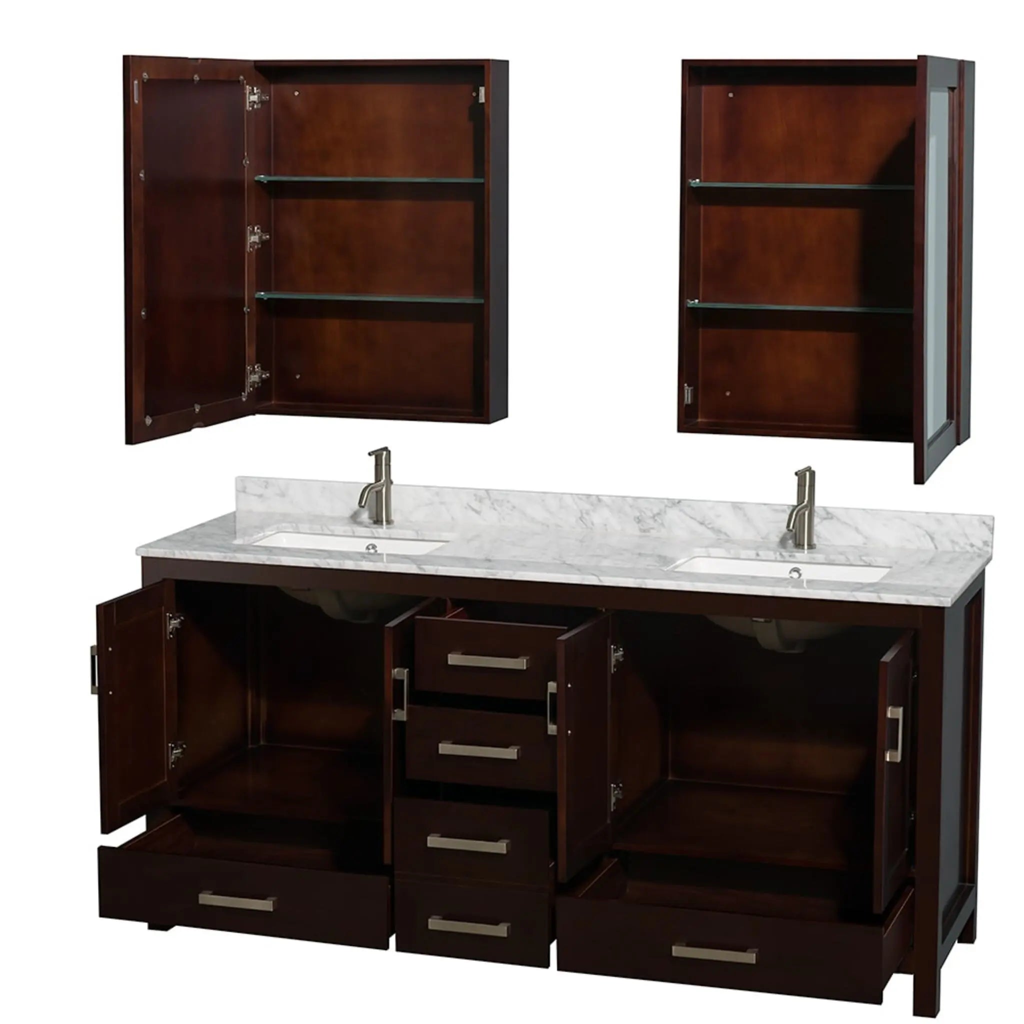 72" Sheffield Double Bathroom Vanity in Espresso with Brushed Chrome Trim & Medicine Cabinet by Wyndham