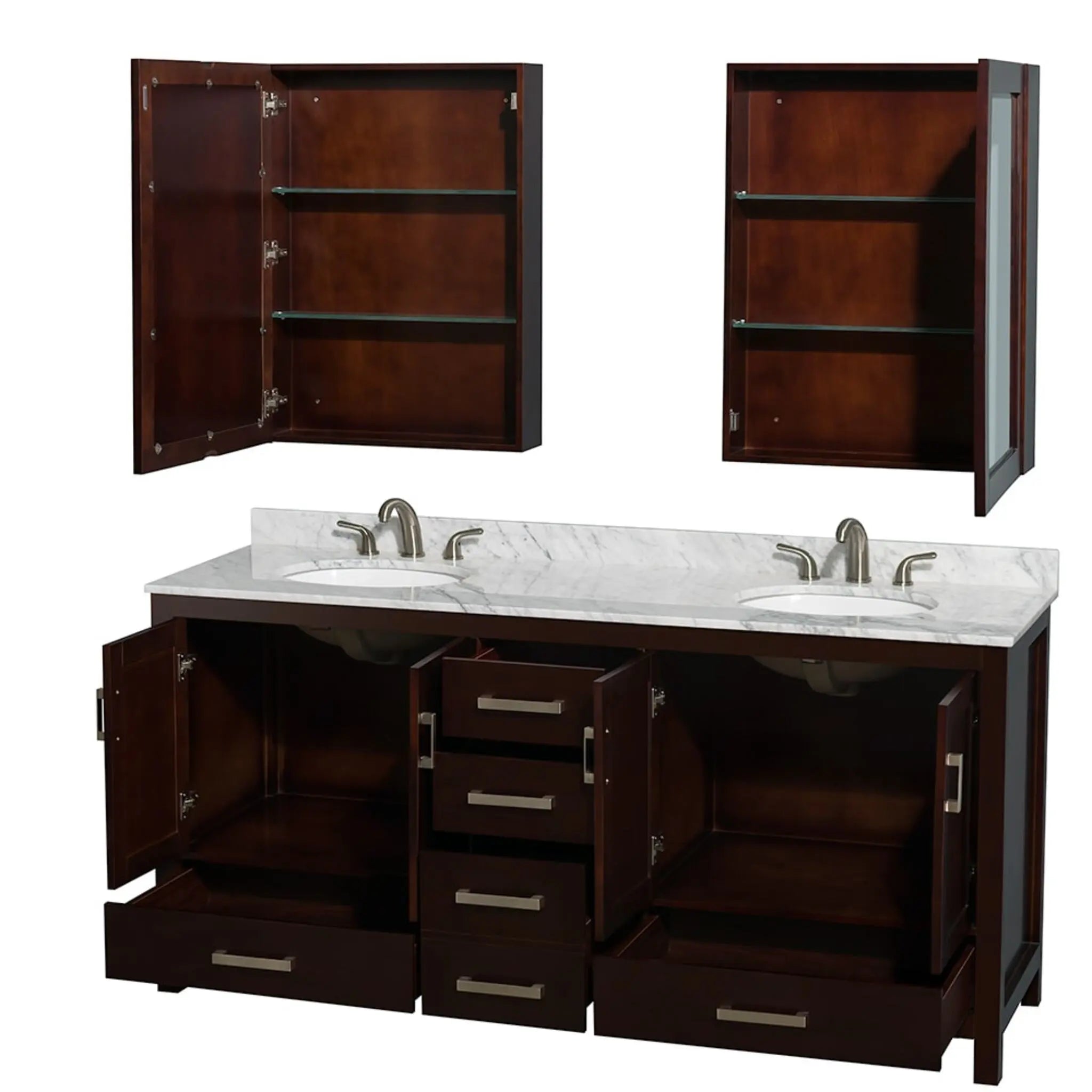72" Sheffield Double Bathroom Vanity in Espresso with Brushed Chrome Trim & Medicine Cabinet by Wyndham