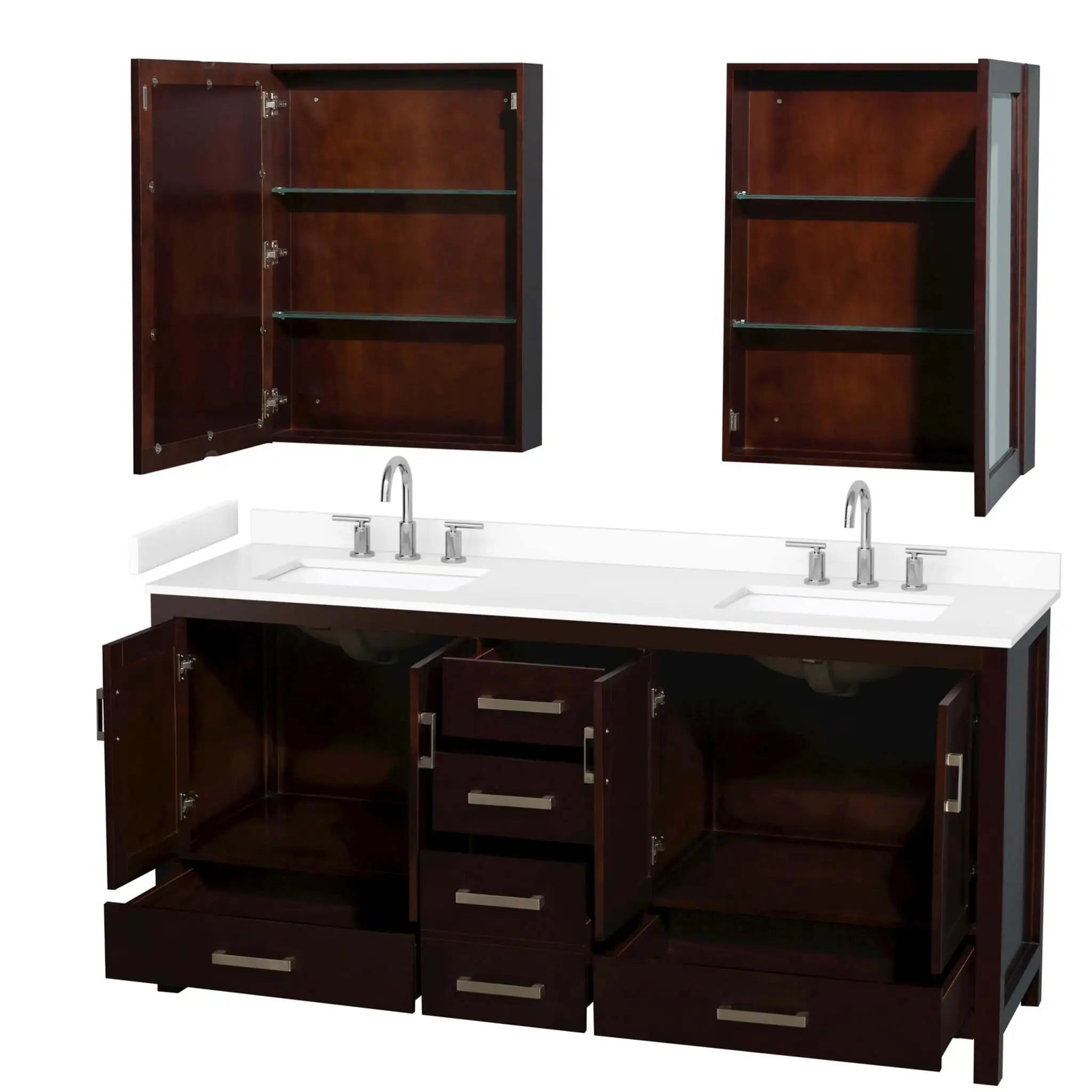 72" Sheffield Double Bathroom Vanity in Espresso with Brushed Chrome Trim & Medicine Cabinet by Wyndham