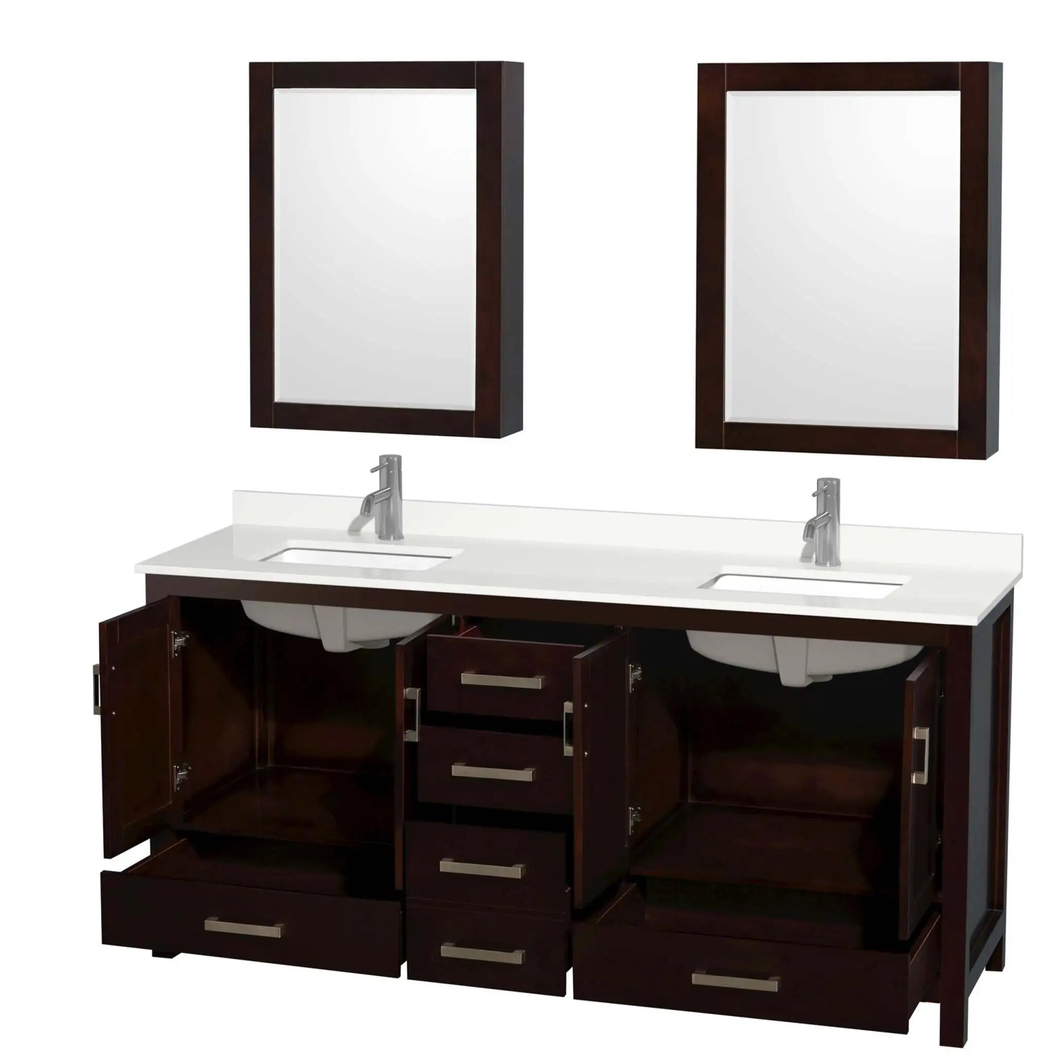 72" Sheffield Double Bathroom Vanity in Espresso with Brushed Chrome Trim & Medicine Cabinet by Wyndham