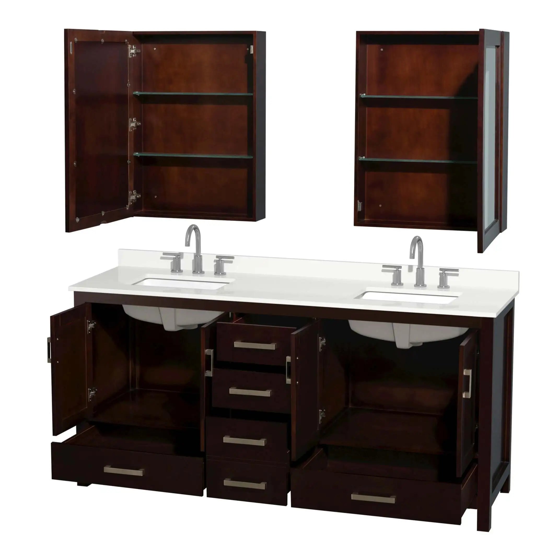 72" Sheffield Double Bathroom Vanity in Espresso with Brushed Chrome Trim & Medicine Cabinet by Wyndham